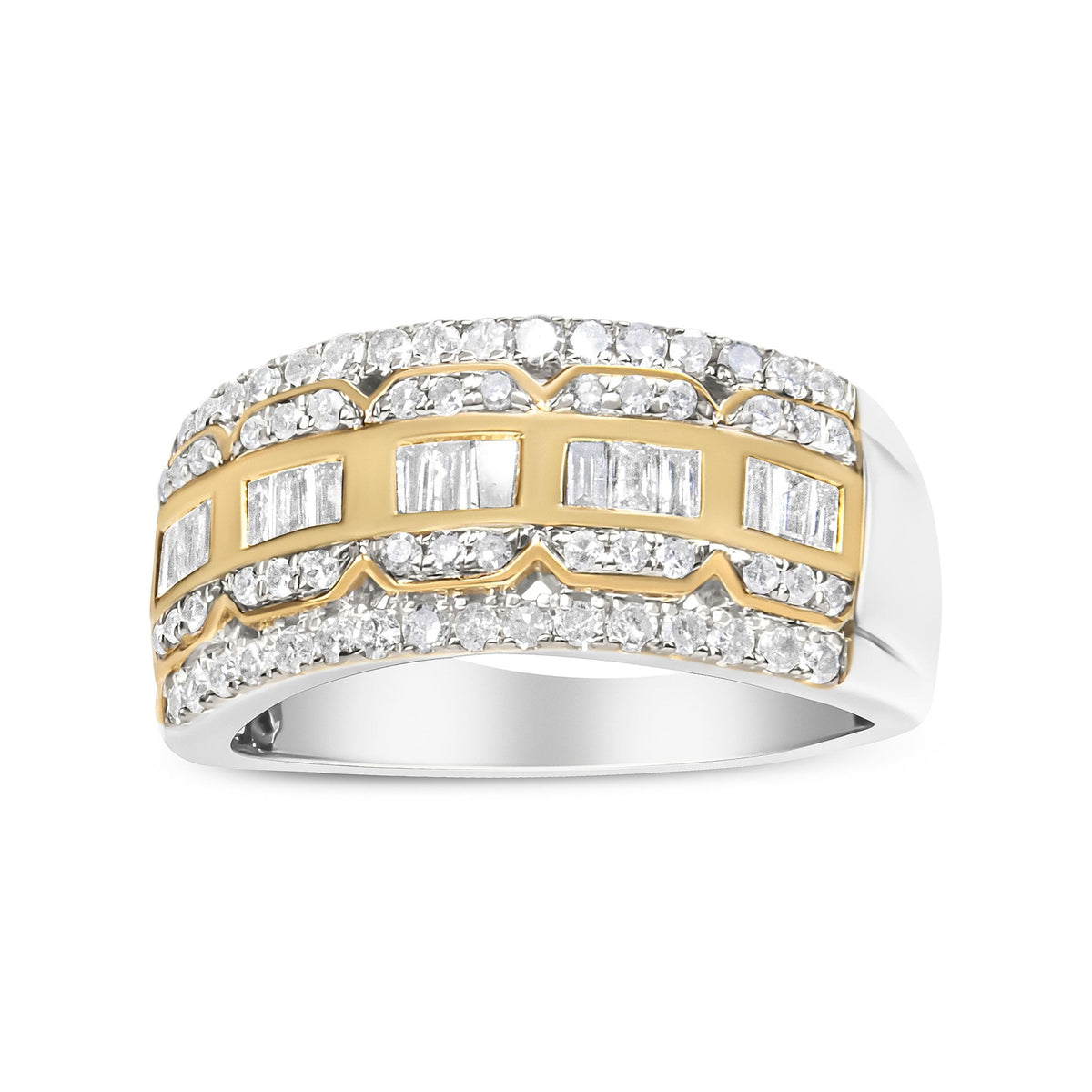 10K White and Yellow Gold 1.00 Cttw Baguette and Round cut Diamond Art Deco Multi-Row Ring Band (I-J Color, I1-I2 Clarity) - Ring Size 7 - LinkagejewelrydesignLinkagejewelrydesign