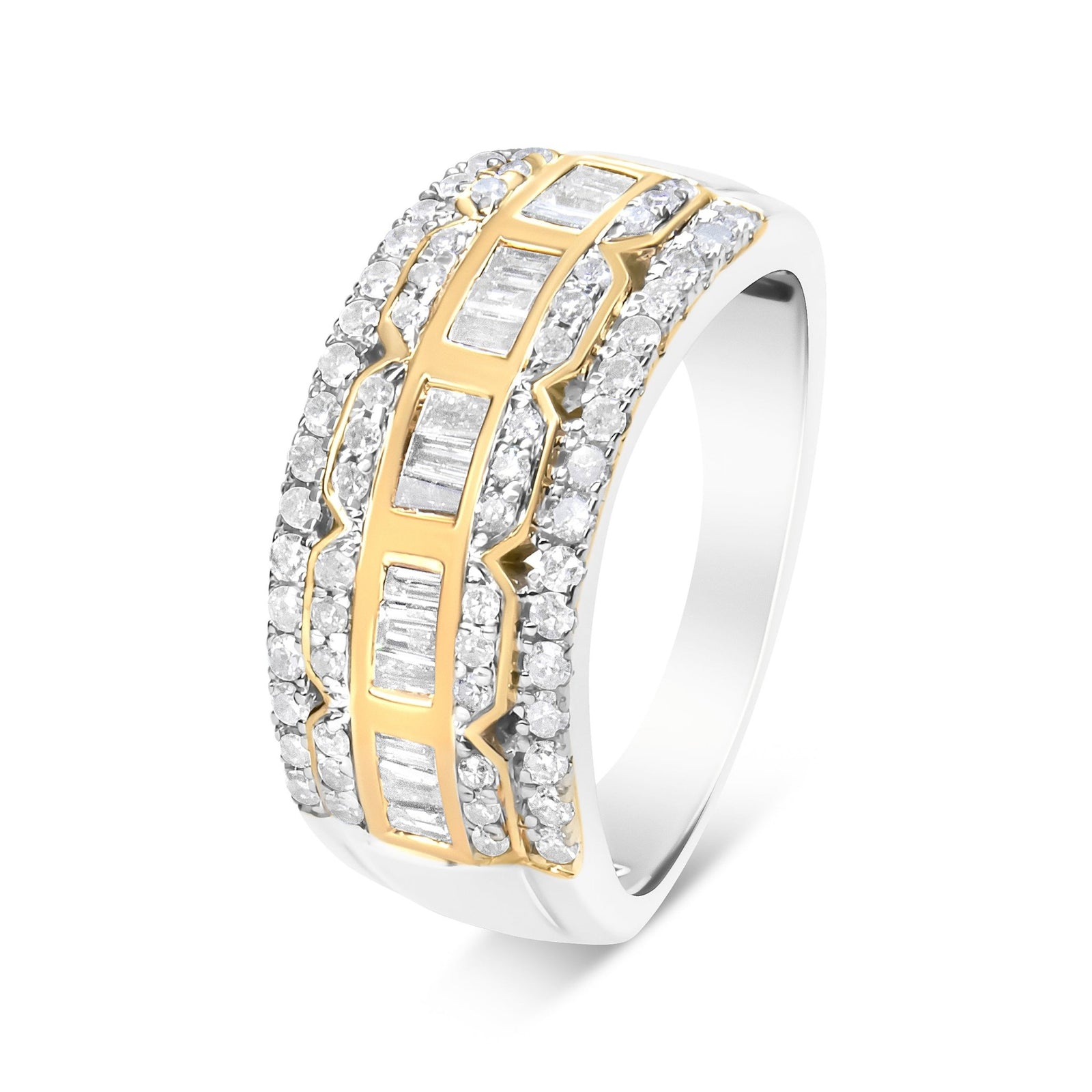10K White and Yellow Gold 1.00 Cttw Baguette and Round cut Diamond Art Deco Multi-Row Ring Band (I-J Color, I1-I2 Clarity) - Ring Size 7 - LinkagejewelrydesignLinkagejewelrydesign