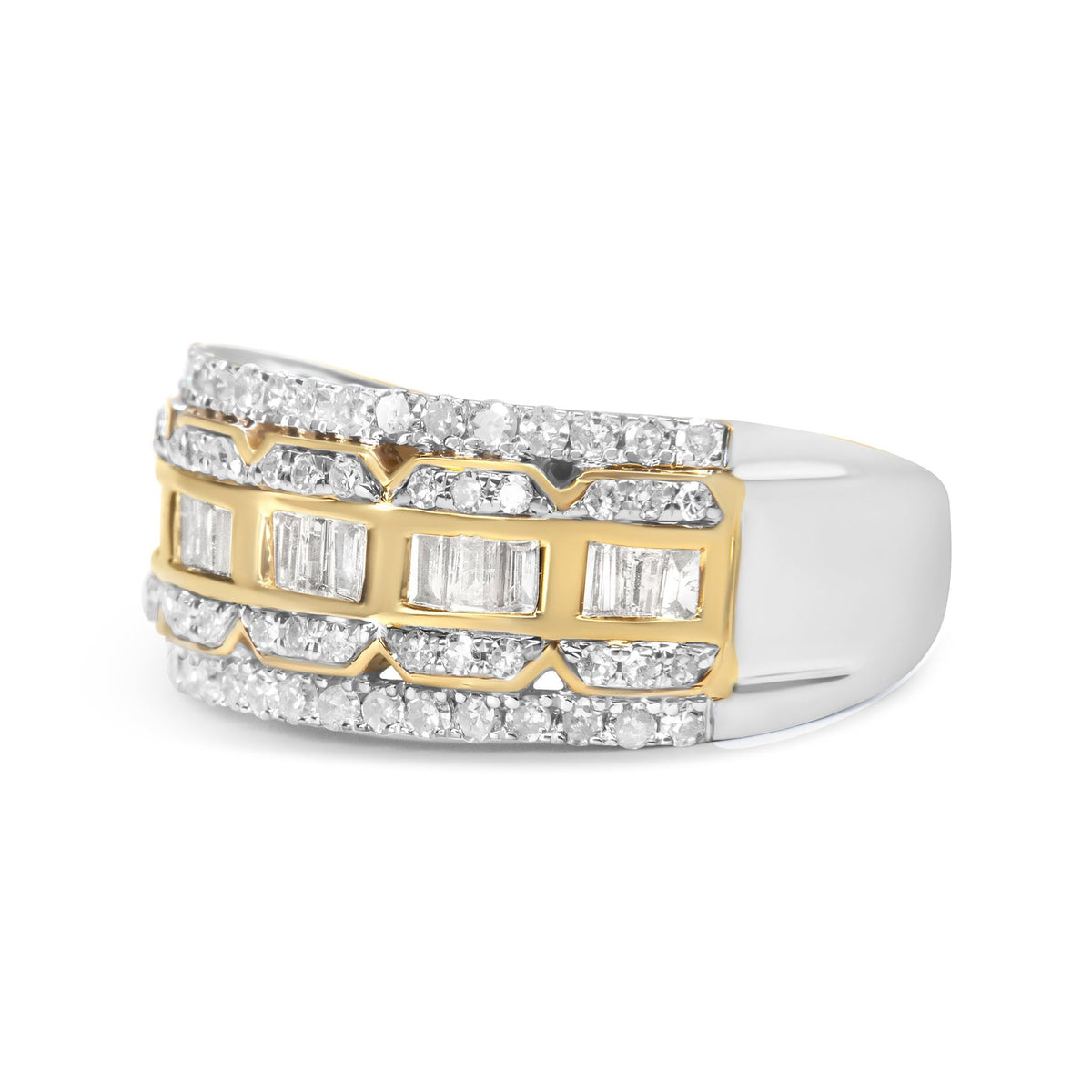 10K White and Yellow Gold 1.00 Cttw Baguette and Round cut Diamond Art Deco Multi-Row Ring Band (I-J Color, I1-I2 Clarity) - Ring Size 7 - LinkagejewelrydesignLinkagejewelrydesign