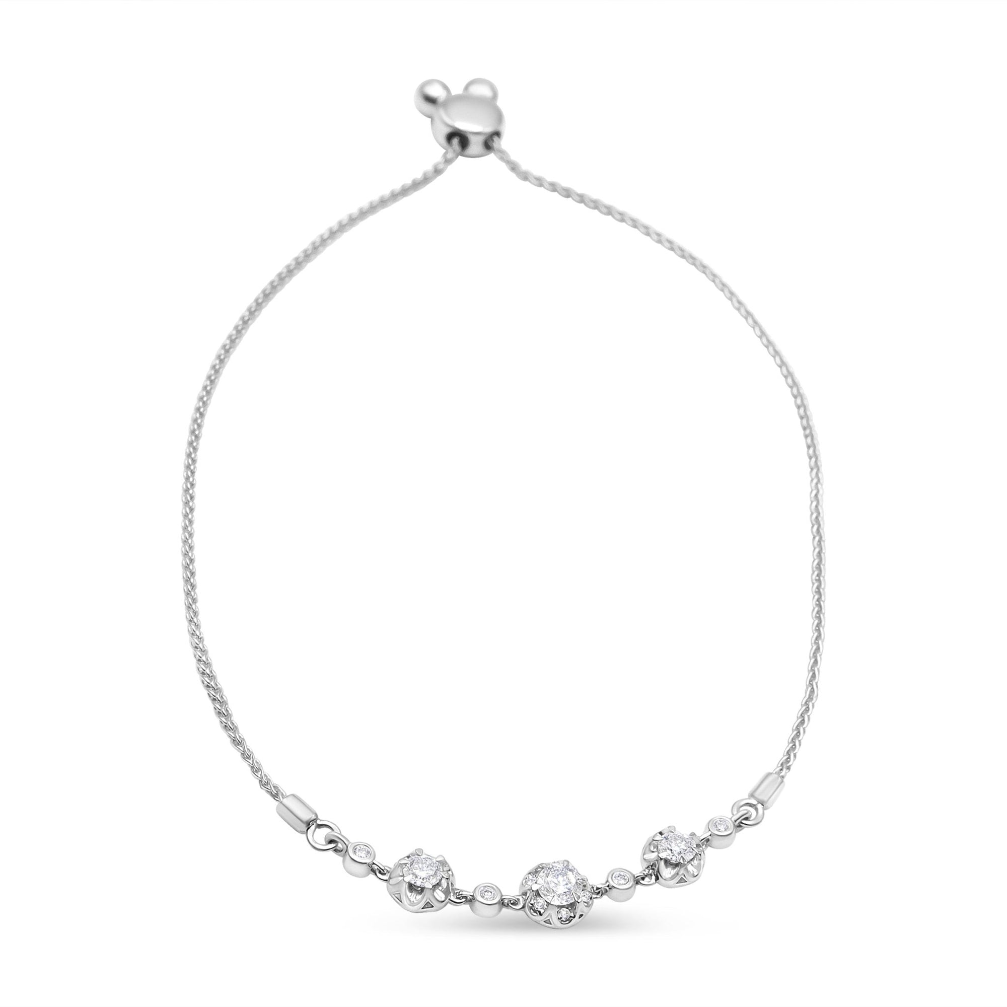 10K White Gold 0.41 Cttw Round Prong and Bezel Set Cluster Diamond Alternate Pattern Bolo Bracelet (I-J Color, I1-I2 Clarity) - Adjustable 4" to 10" - LinkagejewelrydesignLinkagejewelrydesign