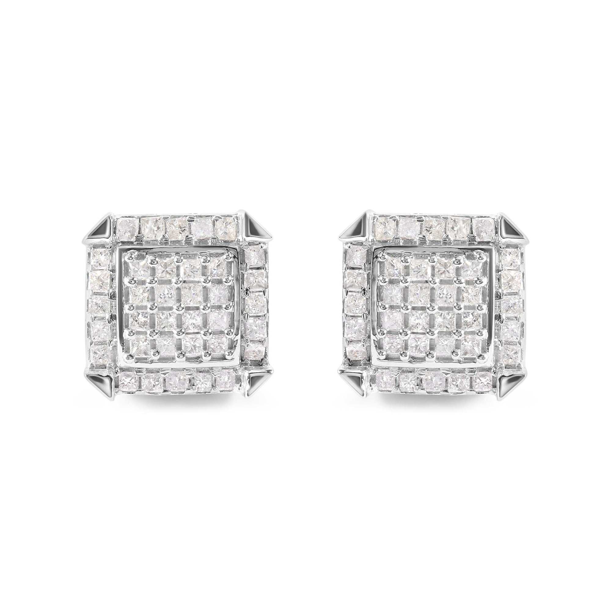 10K White Gold 1 1/10 Cttw Princess Diamond Composite and Halo Stud Earrings (I-J Color, I1-I2 Clarity) - LinkagejewelrydesignLinkagejewelrydesign