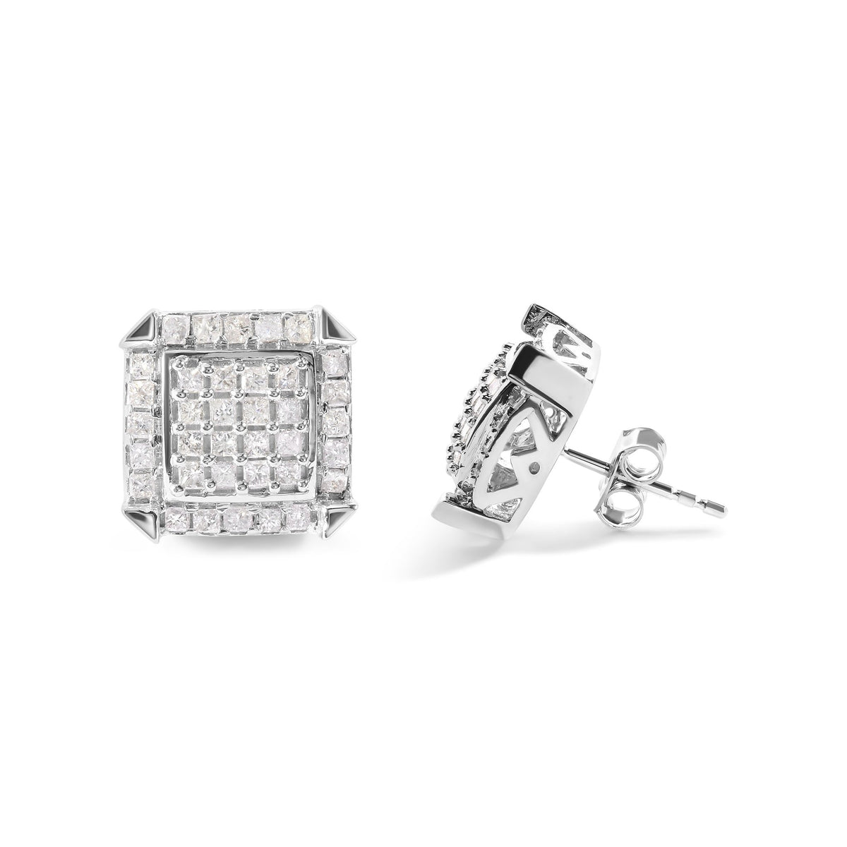 10K White Gold 1 1/10 Cttw Princess Diamond Composite and Halo Stud Earrings (I-J Color, I1-I2 Clarity) - LinkagejewelrydesignLinkagejewelrydesign