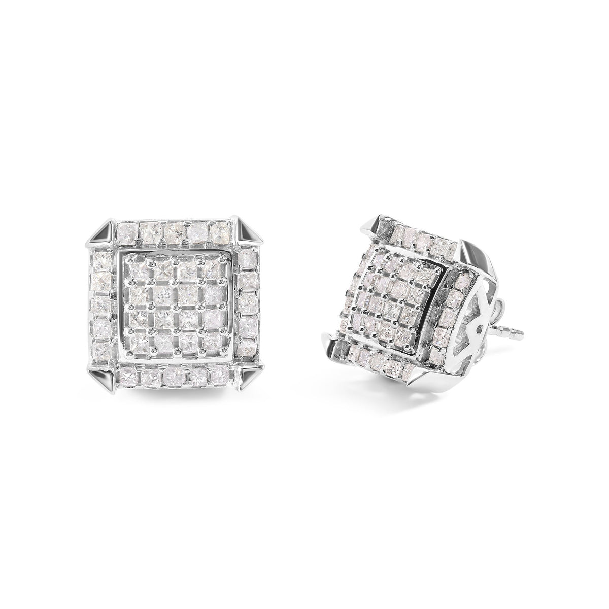 10K White Gold 1 1/10 Cttw Princess Diamond Composite and Halo Stud Earrings (I-J Color, I1-I2 Clarity) - LinkagejewelrydesignLinkagejewelrydesign