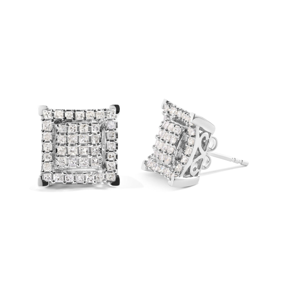 10K White Gold 1 1/4 Cttw Princess Diamond Composite Double Square and Halo Stud Earrings (I-J Color, I1-I2 Clarity) - LinkagejewelrydesignLinkagejewelrydesign
