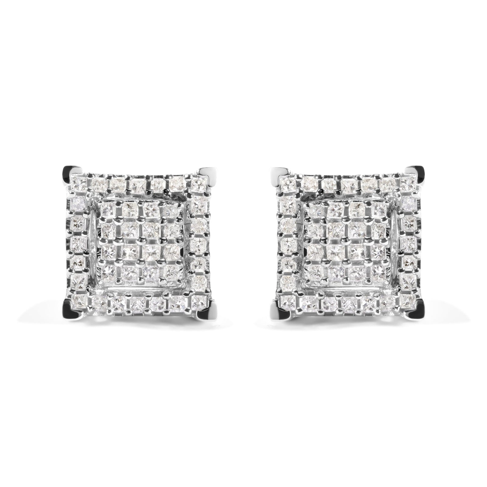 10K White Gold 1 1/4 Cttw Princess Diamond Composite Double Square and Halo Stud Earrings (I-J Color, I1-I2 Clarity) - LinkagejewelrydesignLinkagejewelrydesign