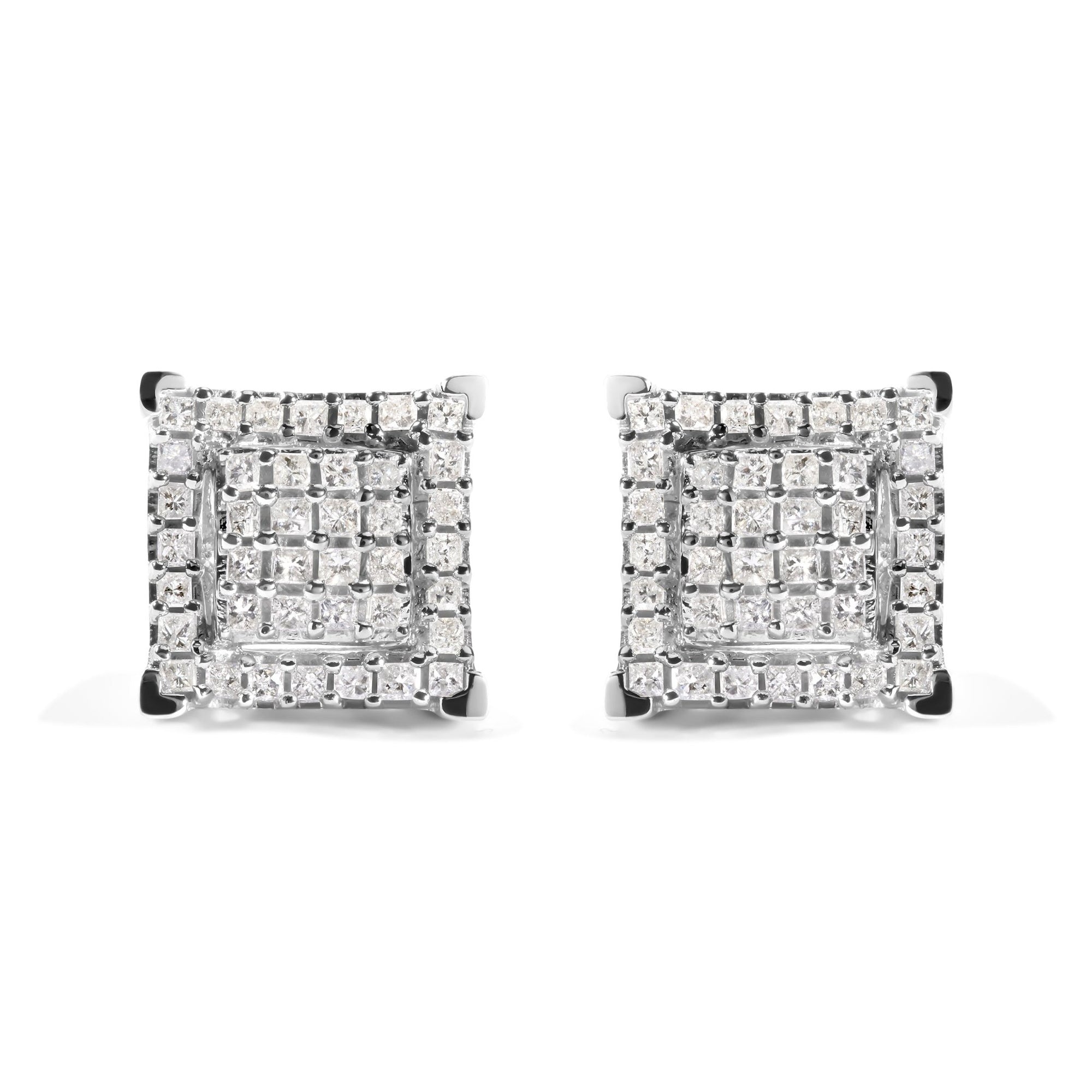 10K White Gold 1 1/4 Cttw Princess Diamond Composite Double Square and Halo Stud Earrings (I-J Color, I1-I2 Clarity) - LinkagejewelrydesignLinkagejewelrydesign