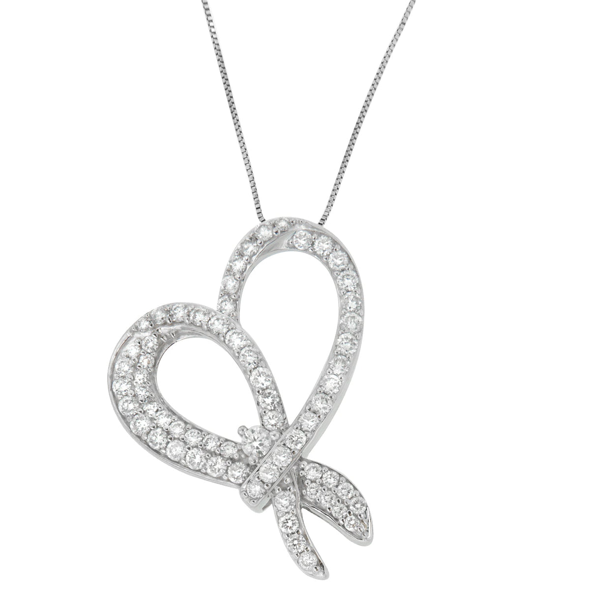 10K White Gold 1 cttw Round Cut Diamond Heart and Bow Pendant Necklace (G-H, SI1-SI2) - LinkagejewelrydesignLinkagejewelrydesign