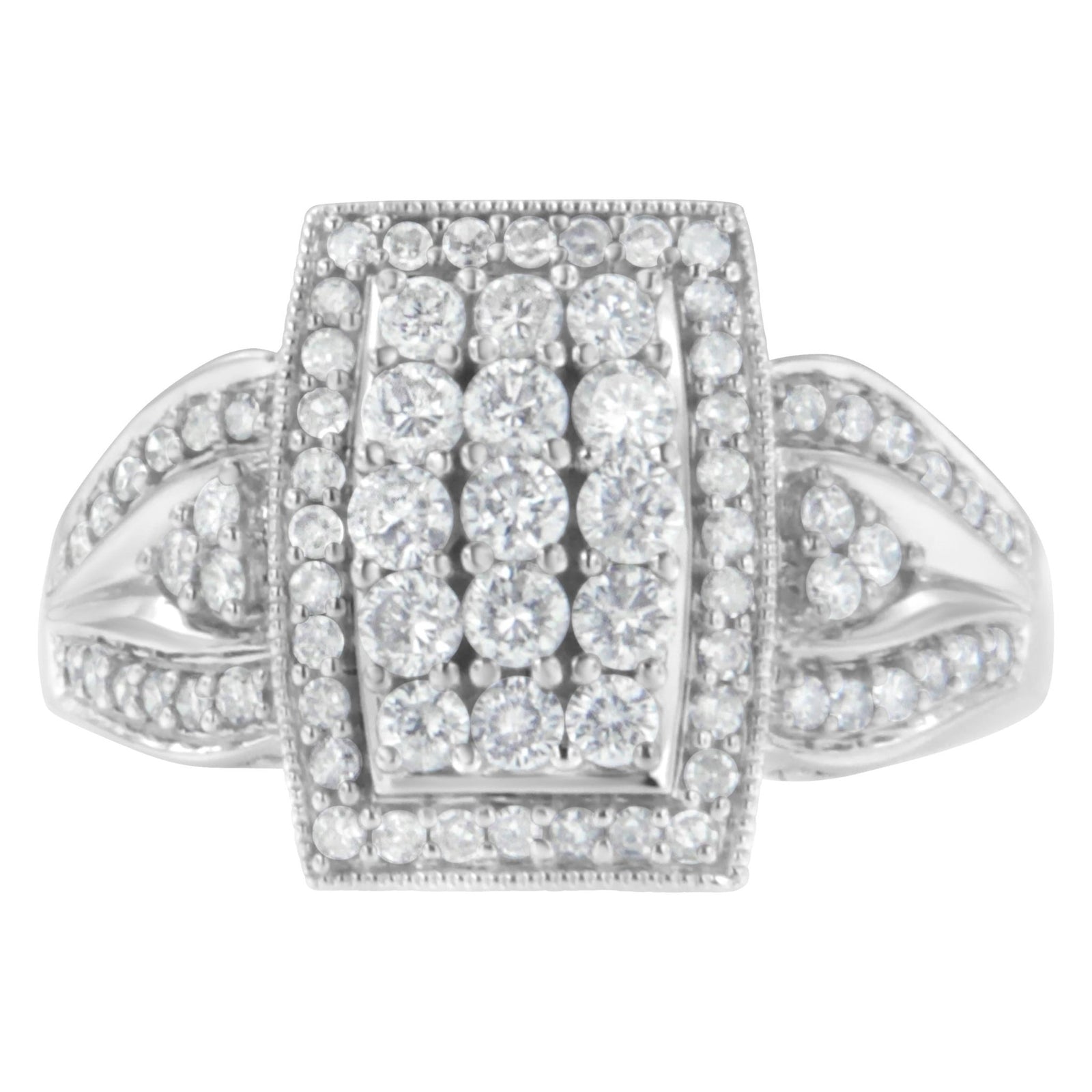 10K White Gold 1.0 Cttw Diamond Rectangular Cushion Shaped Cluster Halo Flared Band Cocktail Fashion Ring (H-I Color, SI2-I1 Clarity) - Size 7 - LinkagejewelrydesignLinkagejewelrydesign