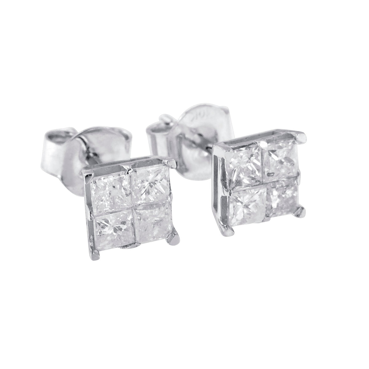 10K White Gold 1.00 cttw Invisible Set Princess-Cut Diamond Composite Square Shape Stud Earrings (G-H Color, I2-I3 Clarity) - LinkagejewelrydesignLinkagejewelrydesign