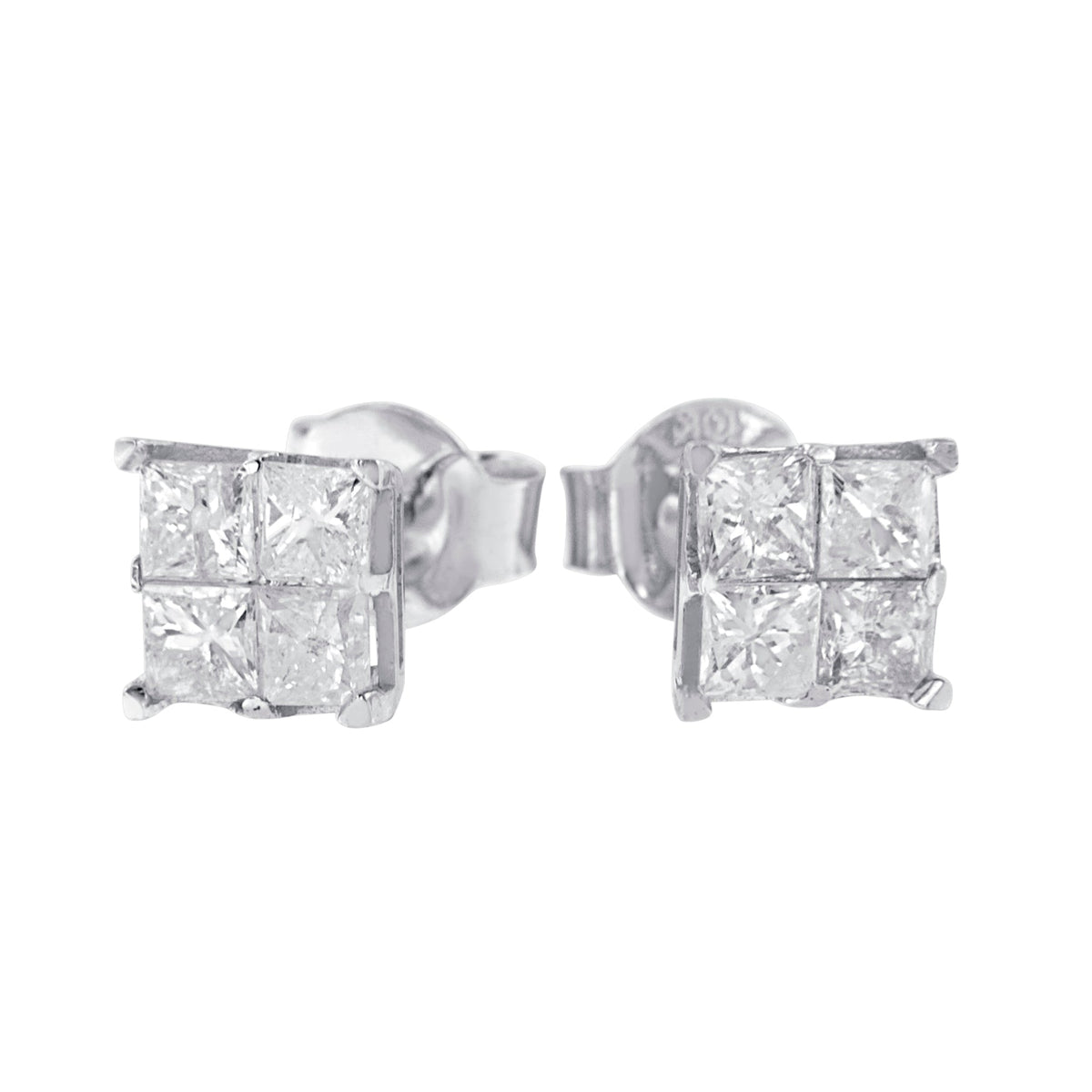 10K White Gold 1.00 cttw Invisible Set Princess-Cut Diamond Composite Square Shape Stud Earrings (G-H Color, I2-I3 Clarity) - LinkagejewelrydesignLinkagejewelrydesign