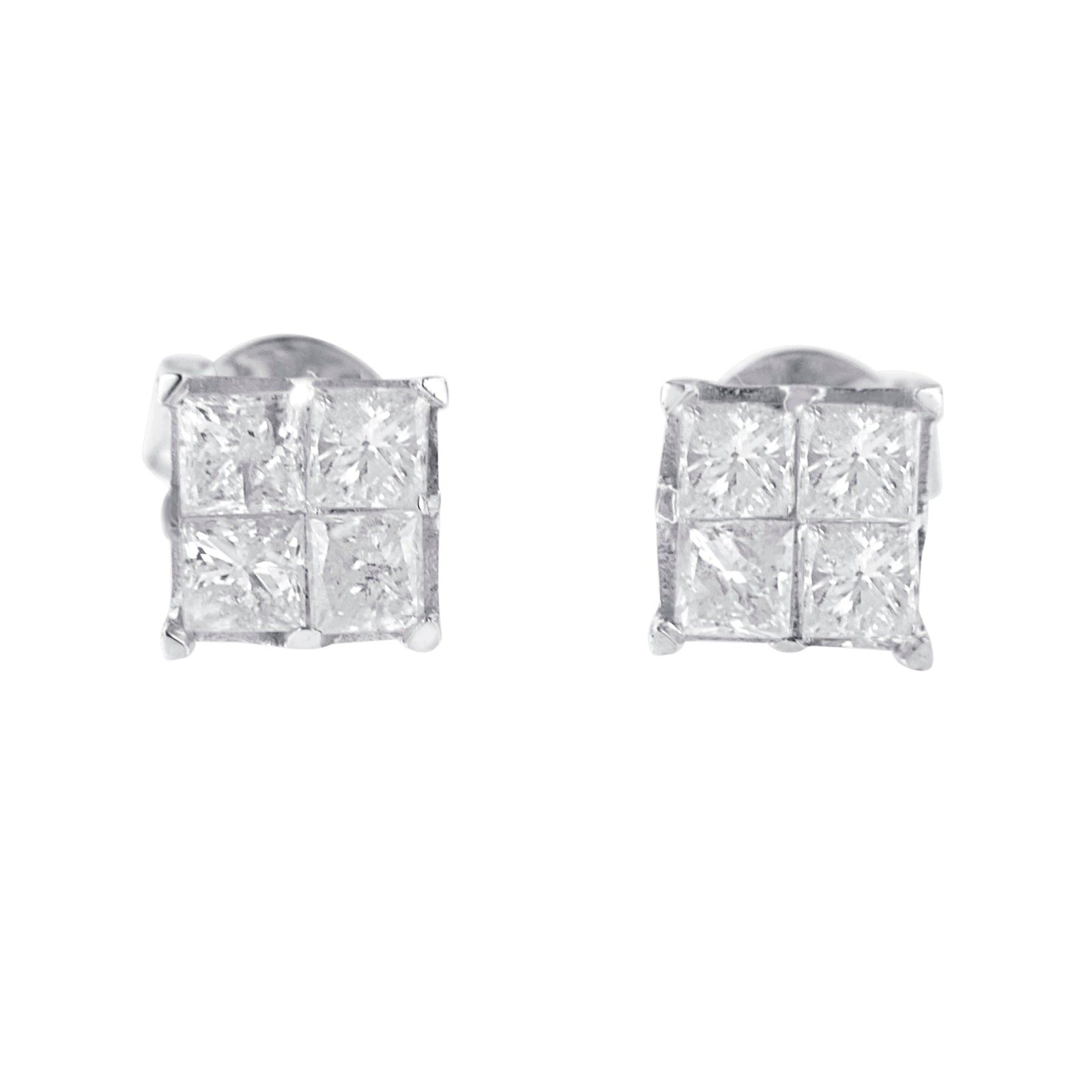 10K White Gold 1.00 cttw Invisible Set Princess-Cut Diamond Composite Square Shape Stud Earrings (G-H Color, I2-I3 Clarity) - LinkagejewelrydesignLinkagejewelrydesign
