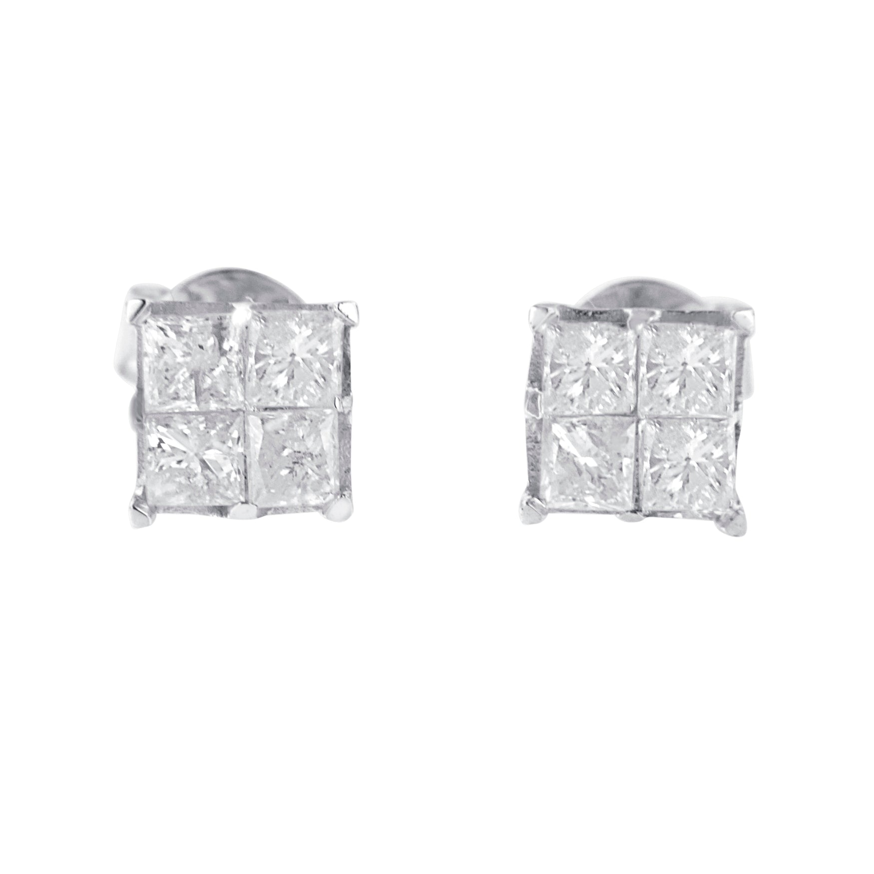 10K White Gold 1.00 cttw Invisible Set Princess-Cut Diamond Composite Square Shape Stud Earrings (G-H Color, I2-I3 Clarity) - LinkagejewelrydesignLinkagejewelrydesign