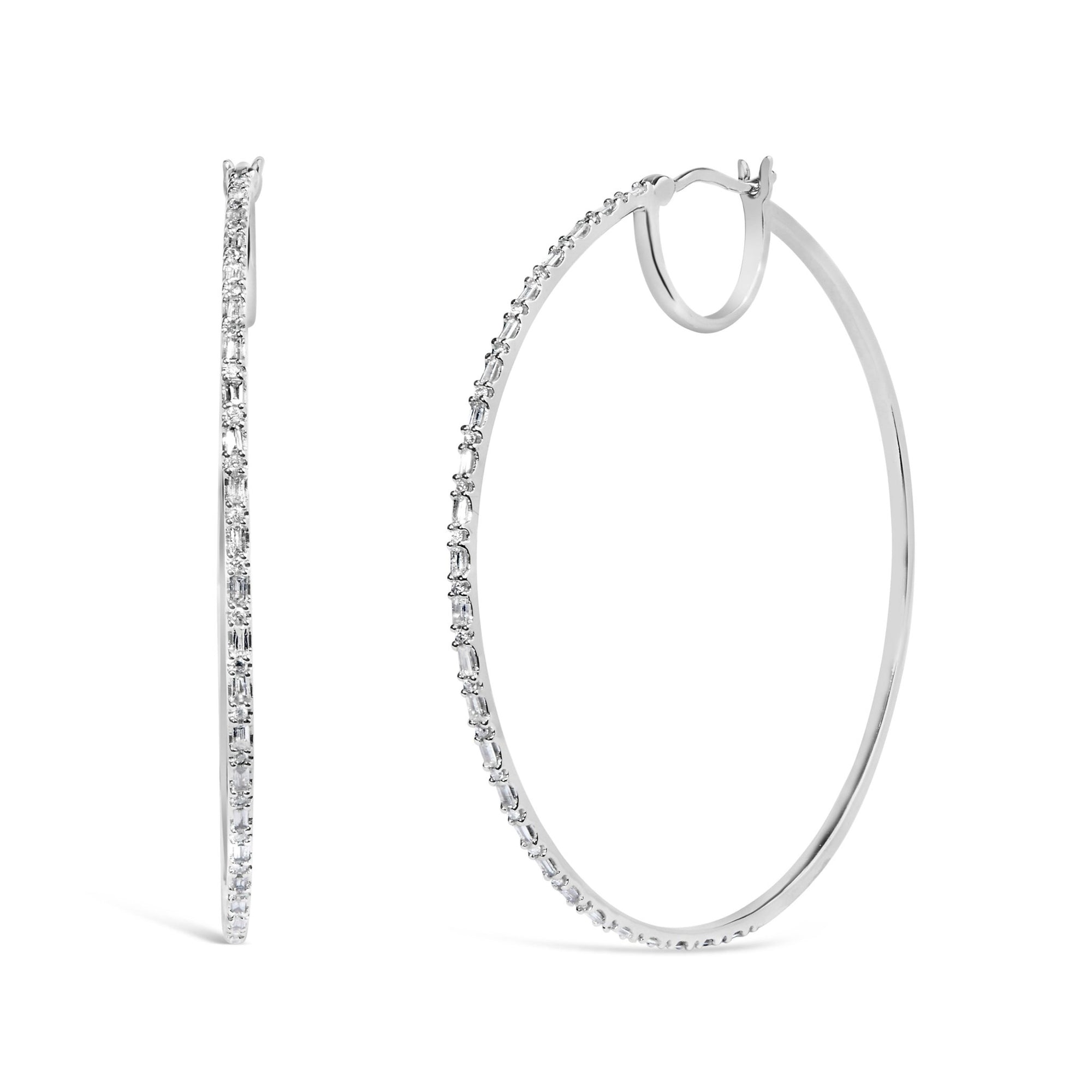10K White Gold 1/2 Cttw Baguette and Round Alternating Diamond Hoop Earrings (I - J Color, I2 - I3 Clarity) - LinkagejewelrydesignLinkagejewelrydesign