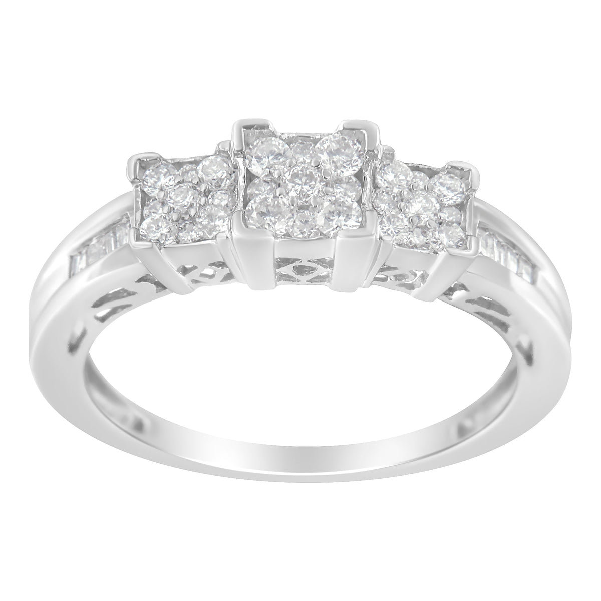 10K White Gold 1/2 Cttw Brilliant &amp; Baguette Cut Diamond 3 Stone Design with 3 Square Clusters Engagement Ring (H-I Color, SI2-I1 Clarity) - Size 6-3/4 - LinkagejewelrydesignLinkagejewelrydesign