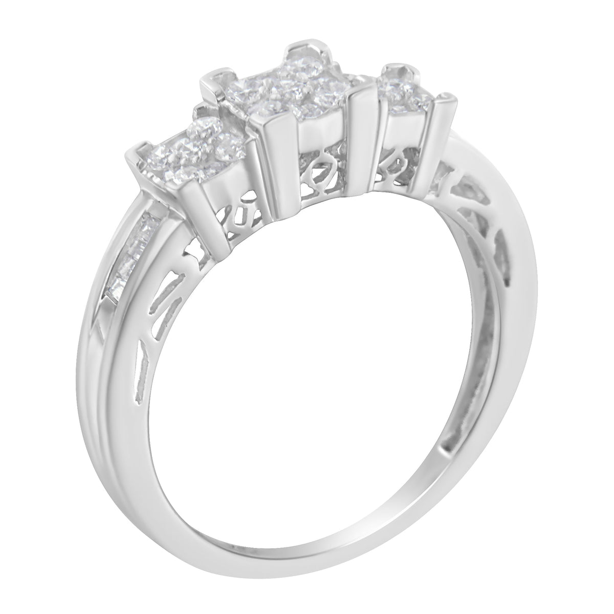 10K White Gold 1/2 Cttw Brilliant &amp; Baguette Cut Diamond 3 Stone Design with 3 Square Clusters Engagement Ring (H-I Color, SI2-I1 Clarity) - Size 6-3/4 - LinkagejewelrydesignLinkagejewelrydesign