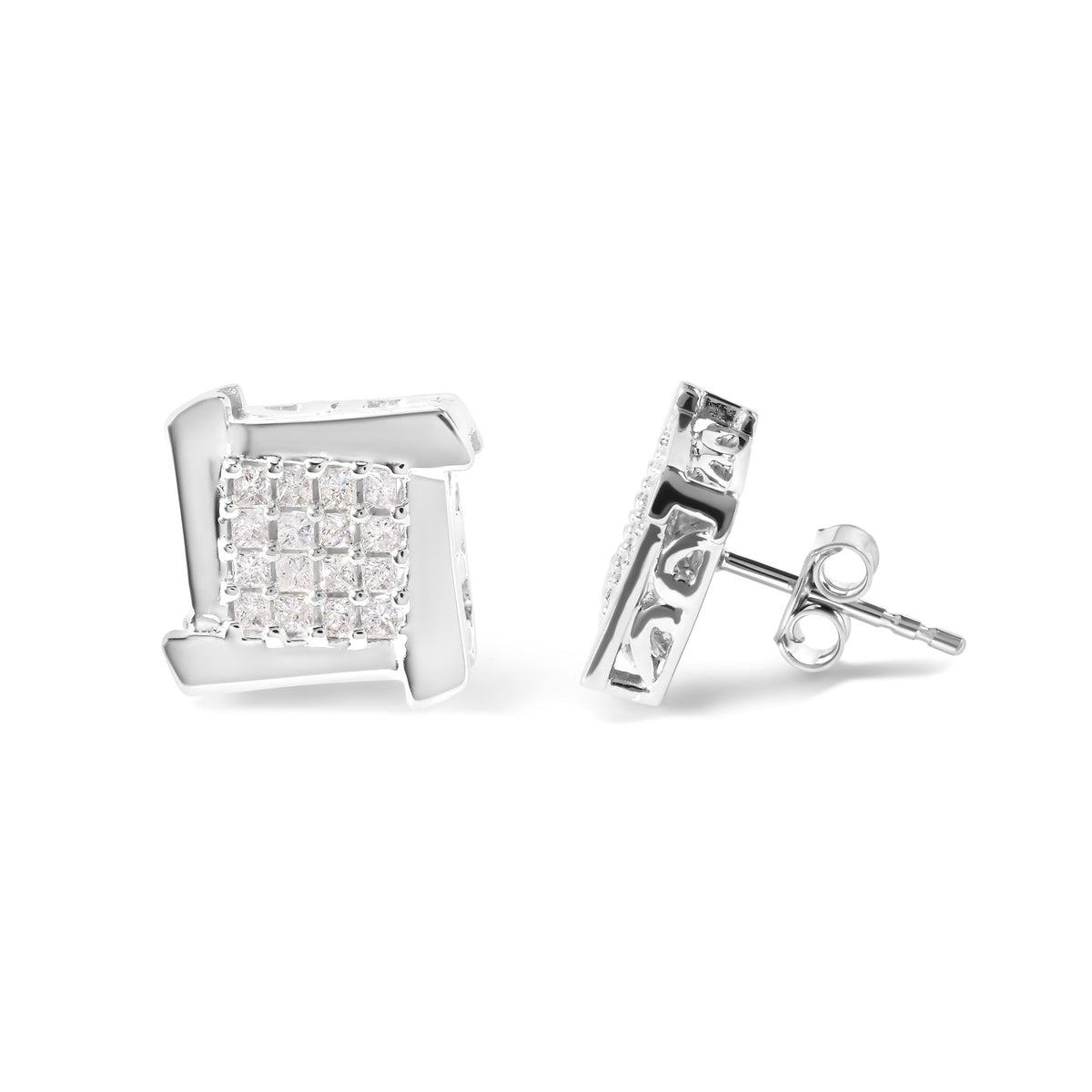 10K White Gold 1/2 Cttw Composite Princess Diamond Square and Swirl Stud Earrings (I-J Color, I1-I2 Clarity) - LinkagejewelrydesignLinkagejewelrydesign