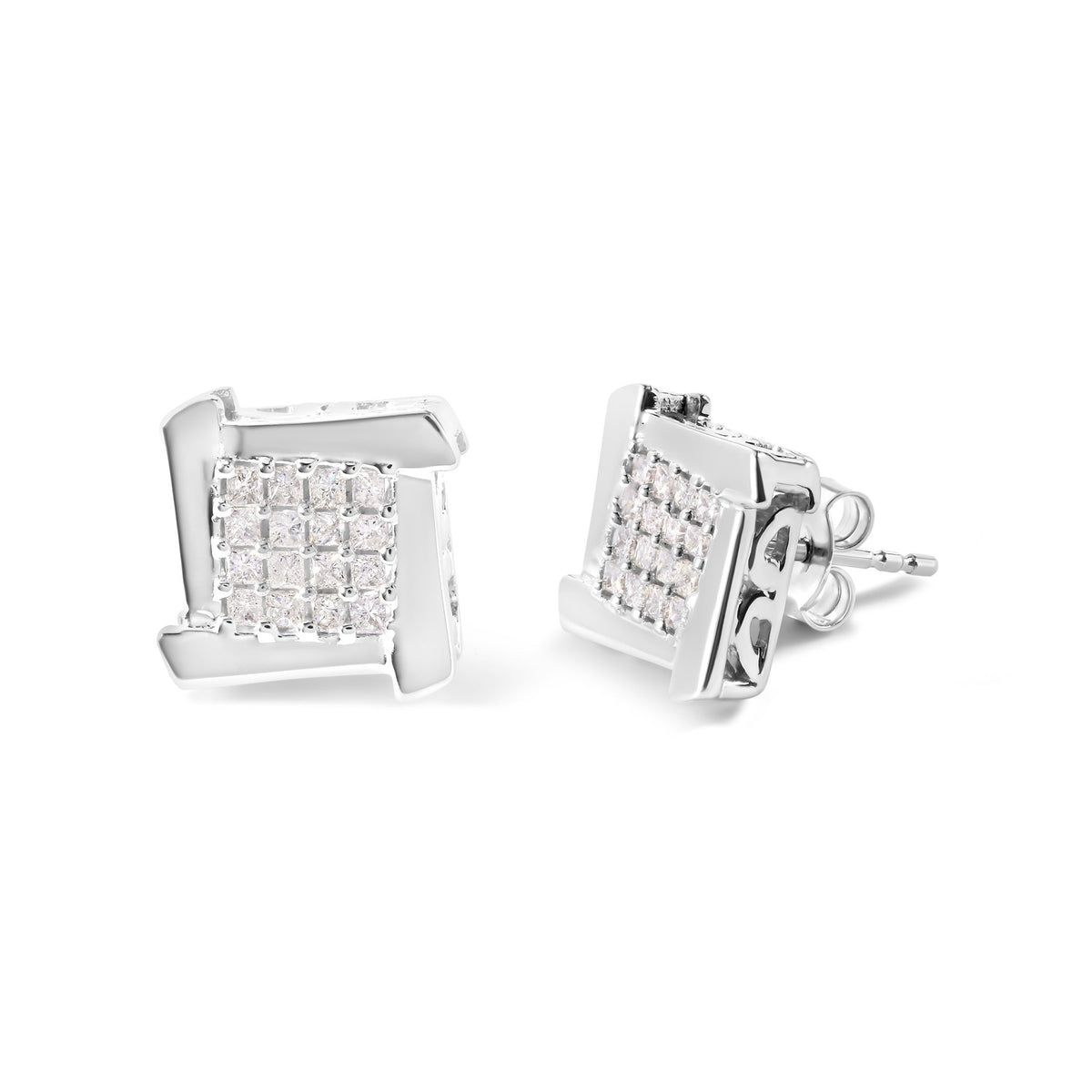 10K White Gold 1/2 Cttw Composite Princess Diamond Square and Swirl Stud Earrings (I-J Color, I1-I2 Clarity) - LinkagejewelrydesignLinkagejewelrydesign