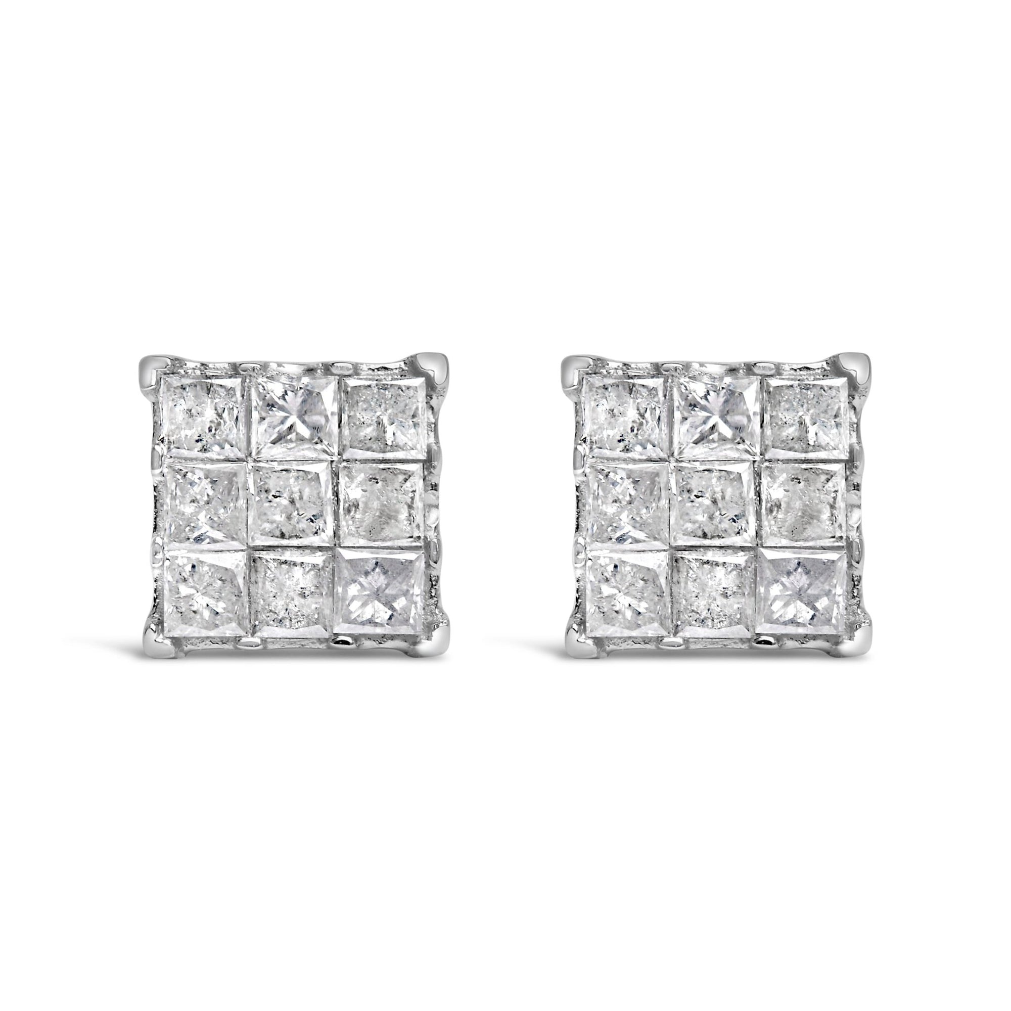 10K White Gold 1/2 Cttw Invisible Princess-cut Diamond 9 Stone Composite Stud Earrings (I-J Color, I3 Clarity) - LinkagejewelrydesignLinkagejewelrydesign