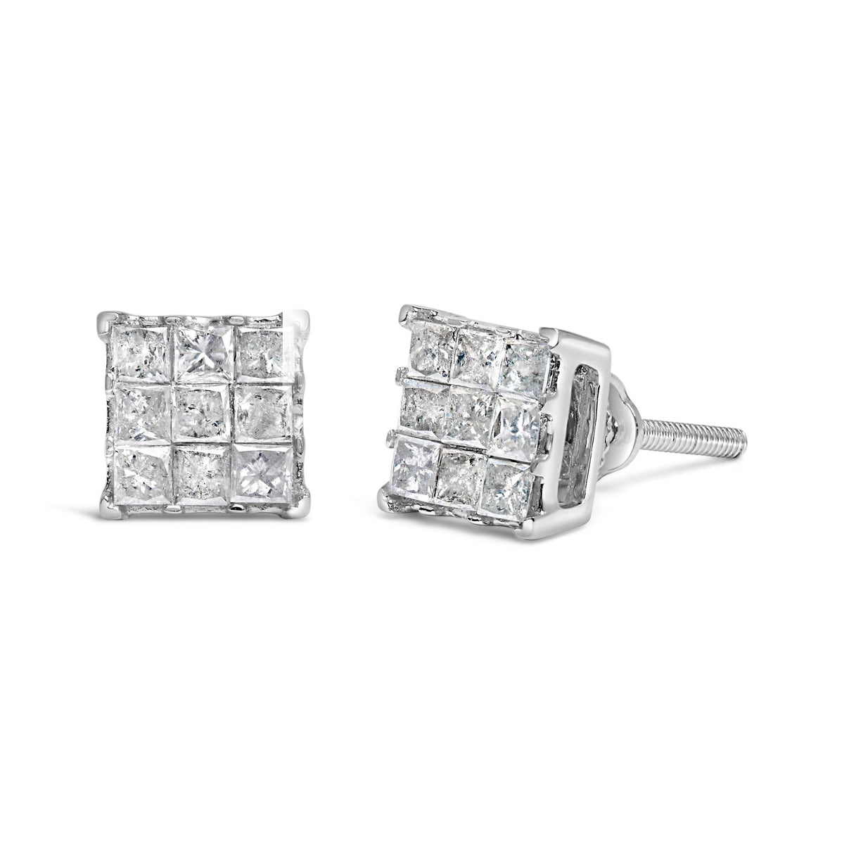 10K White Gold 1/2 Cttw Invisible Princess-cut Diamond 9 Stone Composite Stud Earrings (I-J Color, I3 Clarity) - LinkagejewelrydesignLinkagejewelrydesign