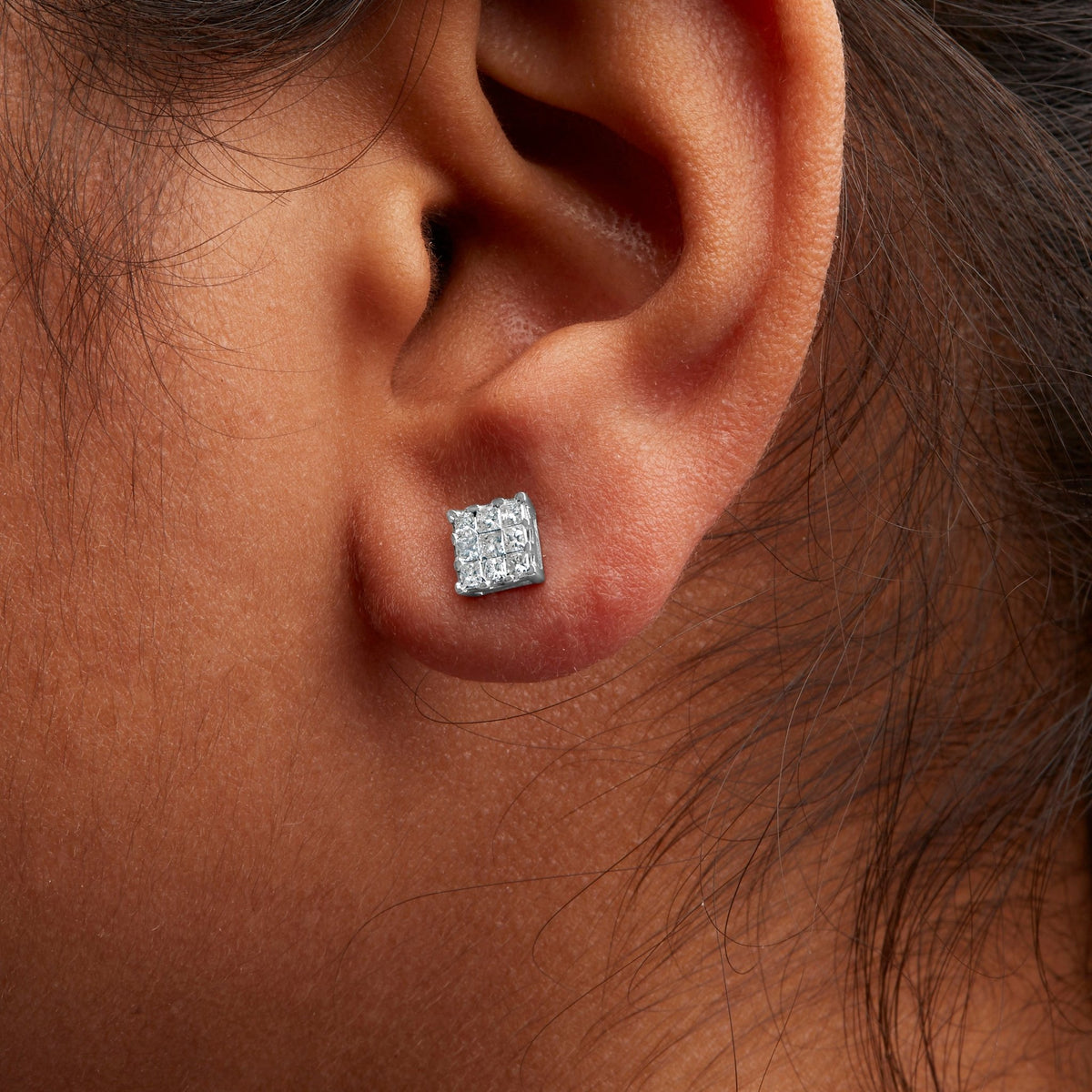 10K White Gold 1/2 Cttw Invisible Princess-cut Diamond 9 Stone Composite Stud Earrings (I-J Color, I3 Clarity) - LinkagejewelrydesignLinkagejewelrydesign
