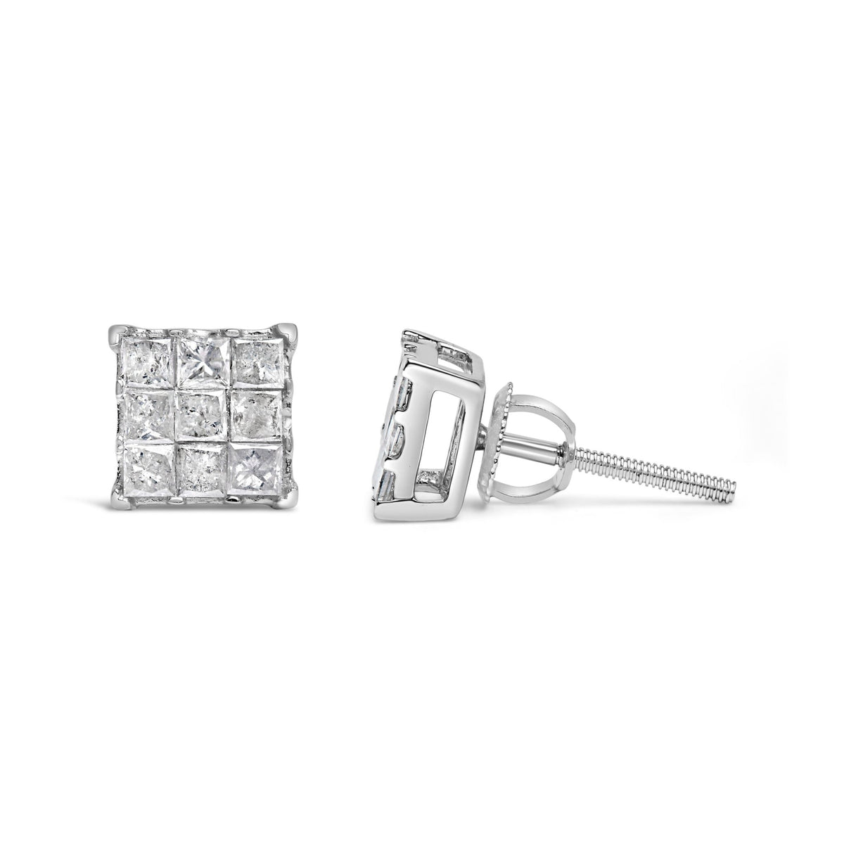 10K White Gold 1/2 Cttw Invisible Princess-cut Diamond 9 Stone Composite Stud Earrings (I-J Color, I3 Clarity) - LinkagejewelrydesignLinkagejewelrydesign