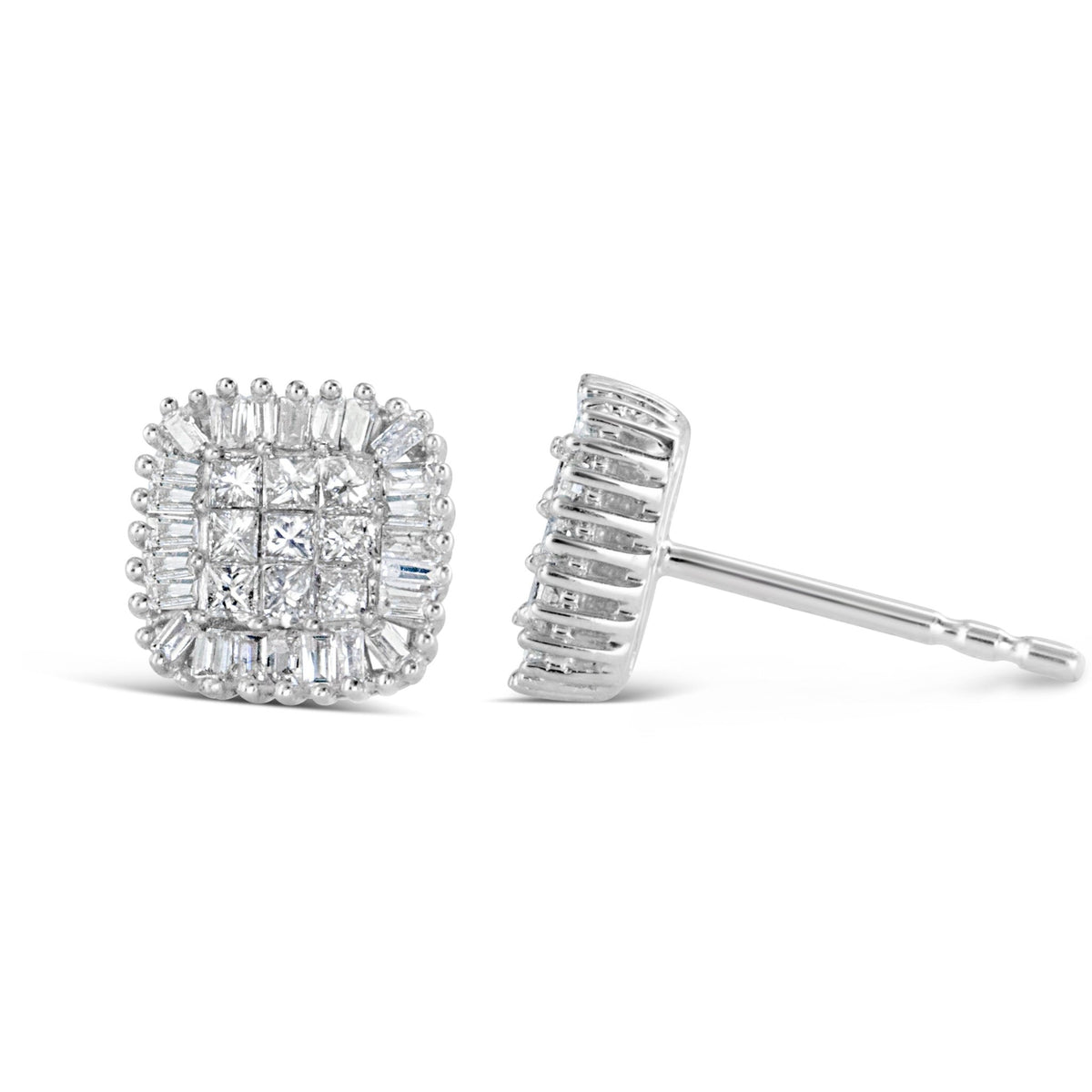 10K White Gold 1/2 Cttw Invisible-Set Princess Cut &amp; Prong-Set Baguette Diamond Composite Stud Earrings (H-I Color, I1-I2 Clarity) - LinkagejewelrydesignLinkagejewelrydesign