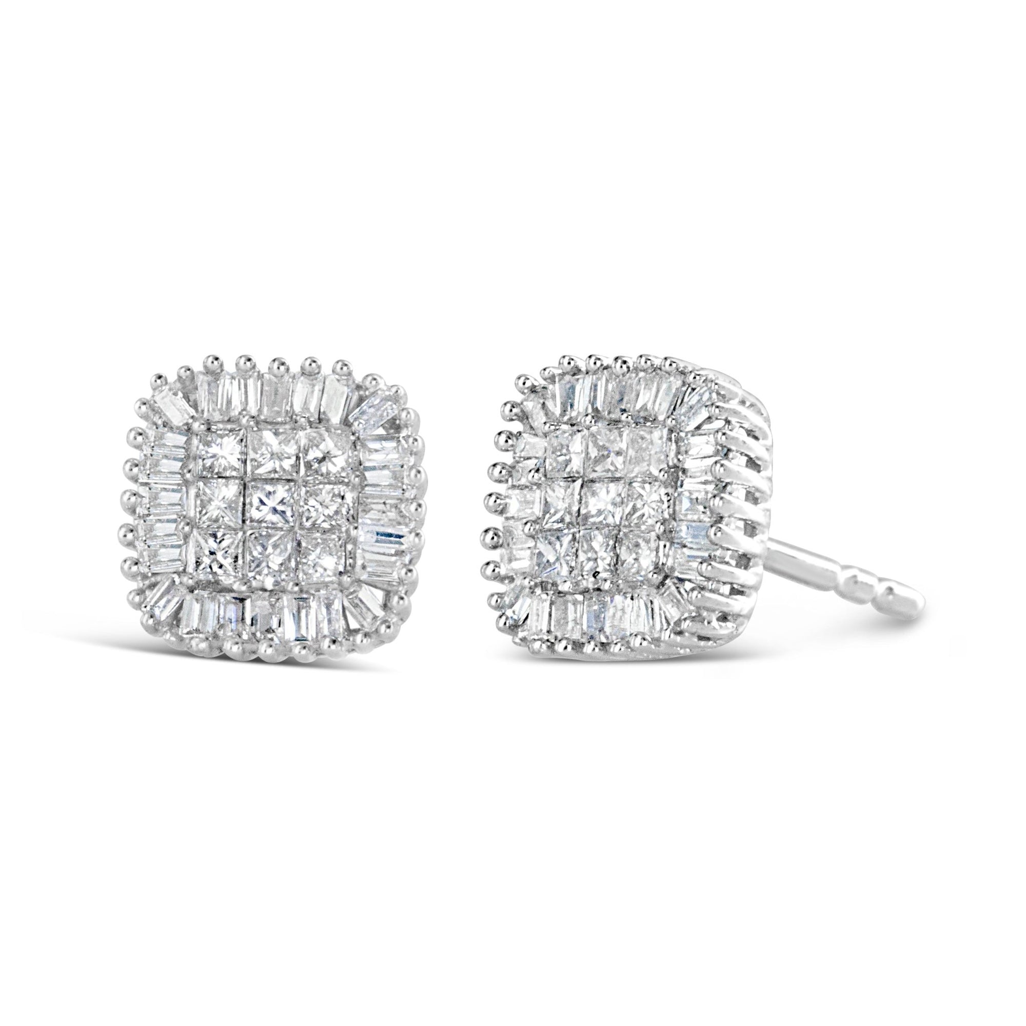 10K White Gold 1/2 Cttw Invisible-Set Princess Cut & Prong-Set Baguette Diamond Composite Stud Earrings (H-I Color, I1-I2 Clarity) - LinkagejewelrydesignLinkagejewelrydesign