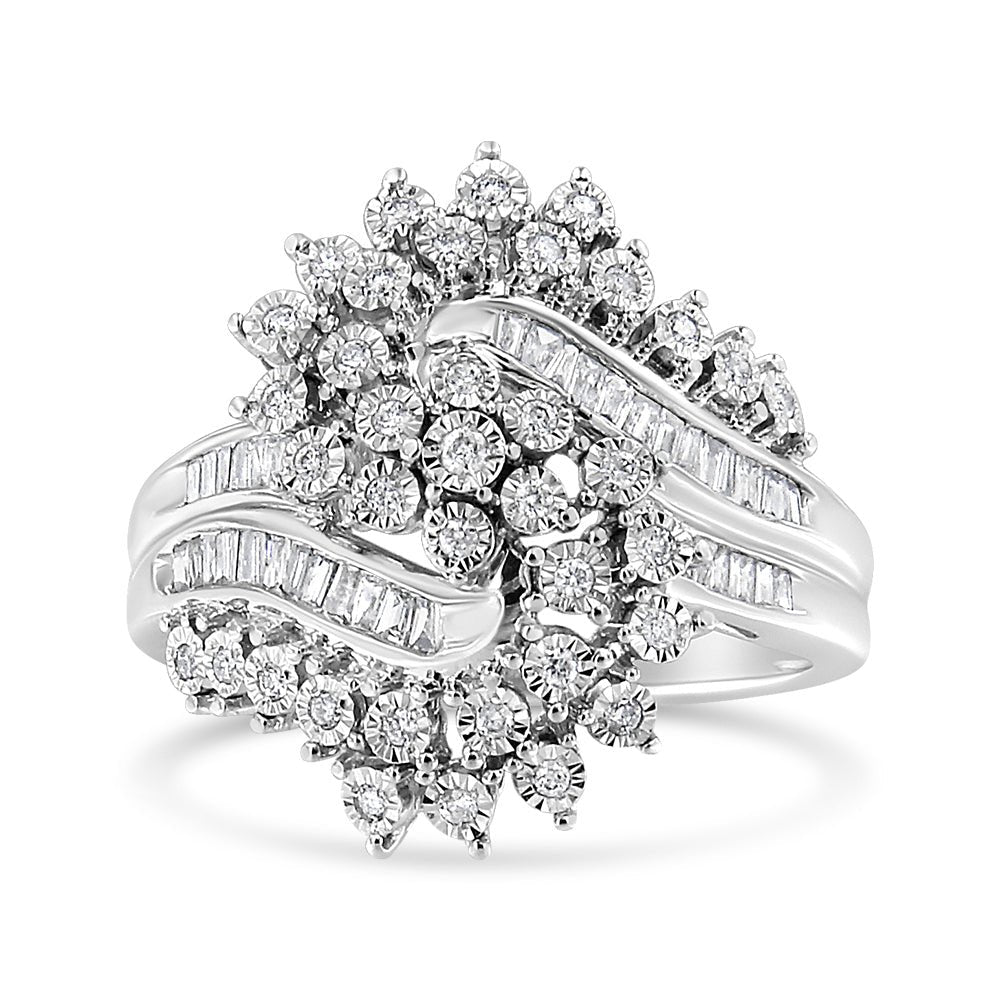10K White Gold 1/2 Cttw Round and Baguette-Cut &quot;S&quot; Shaped Bypass Cocktail Ring (I-J Color, I1-I2 Clarity) - Size 7 - LinkagejewelrydesignLinkagejewelrydesign