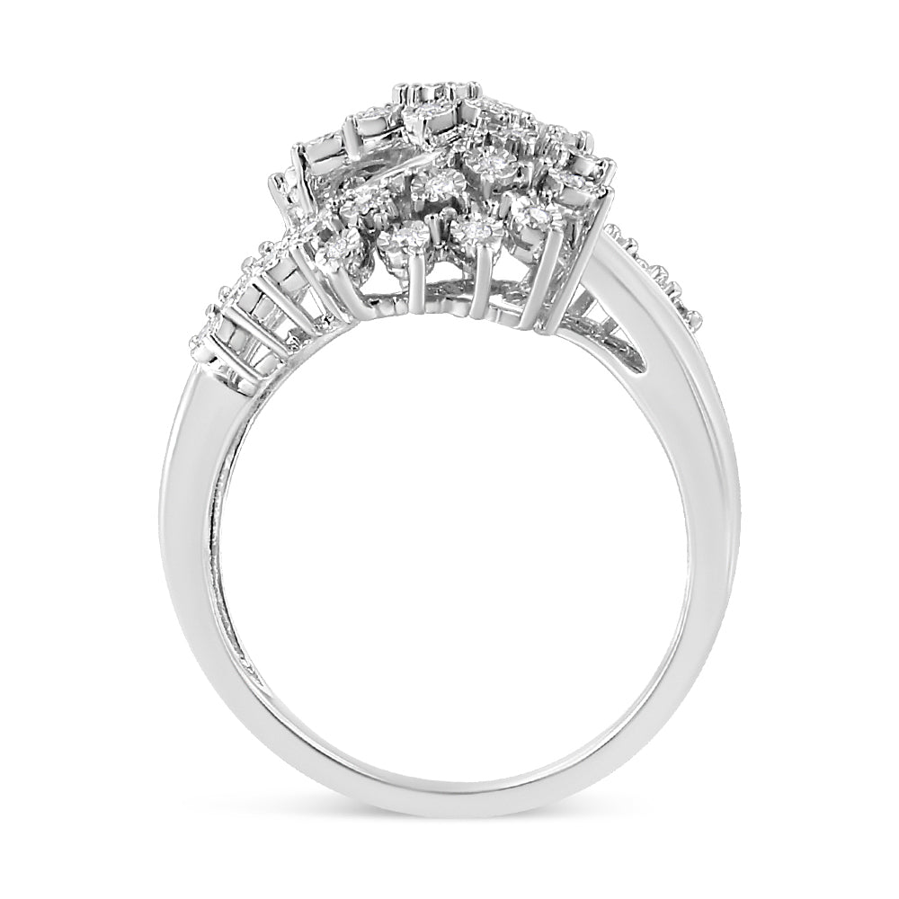 10K White Gold 1/2 Cttw Round and Baguette-Cut &quot;S&quot; Shaped Bypass Cocktail Ring (I-J Color, I1-I2 Clarity) - Size 7 - LinkagejewelrydesignLinkagejewelrydesign