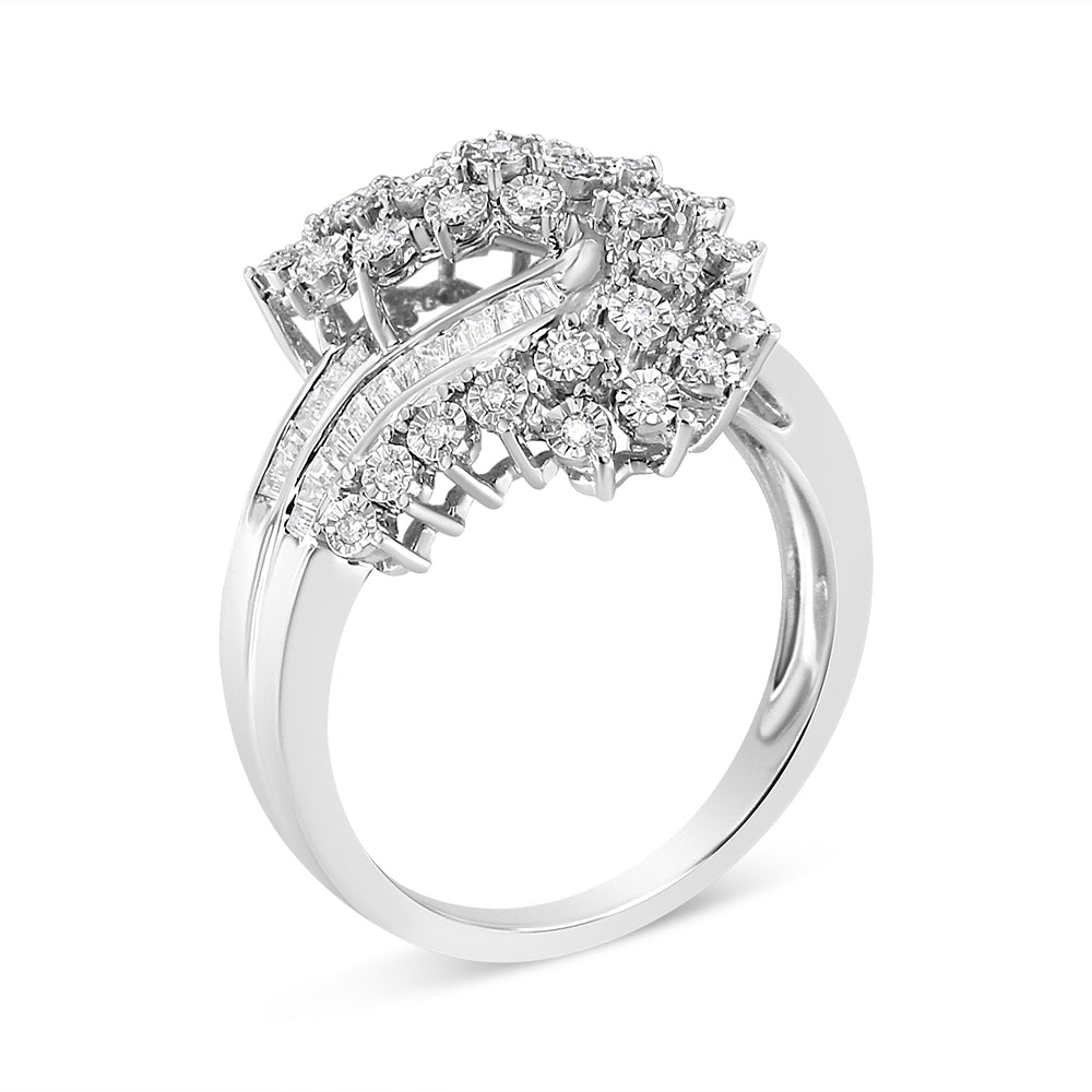 10K White Gold 1/2 Cttw Round and Baguette-Cut &quot;S&quot; Shaped Bypass Cocktail Ring (I-J Color, I1-I2 Clarity) - Size 7 - LinkagejewelrydesignLinkagejewelrydesign