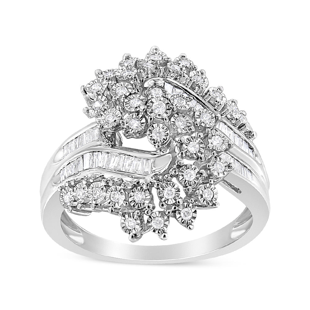 10K White Gold 1/2 Cttw Round and Baguette-Cut &quot;S&quot; Shaped Bypass Cocktail Ring (I-J Color, I1-I2 Clarity) - Size 7 - LinkagejewelrydesignLinkagejewelrydesign