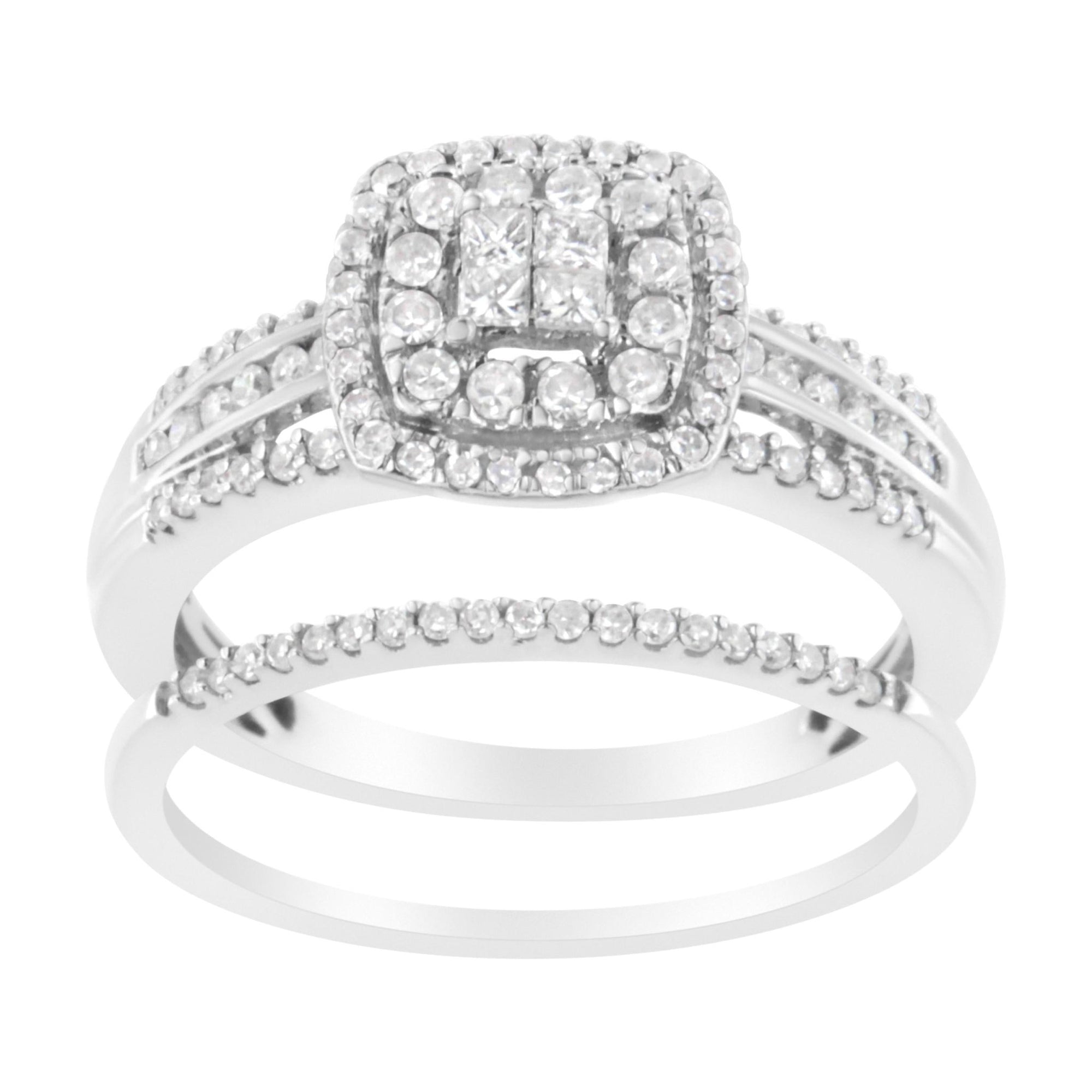 10K White Gold 1/2 cttw Round and Princess-Cut Diamond Engagement Ring and Band Set (H-I Color, I1-I2 Clarity) - Size 7 - LinkagejewelrydesignLinkagejewelrydesign
