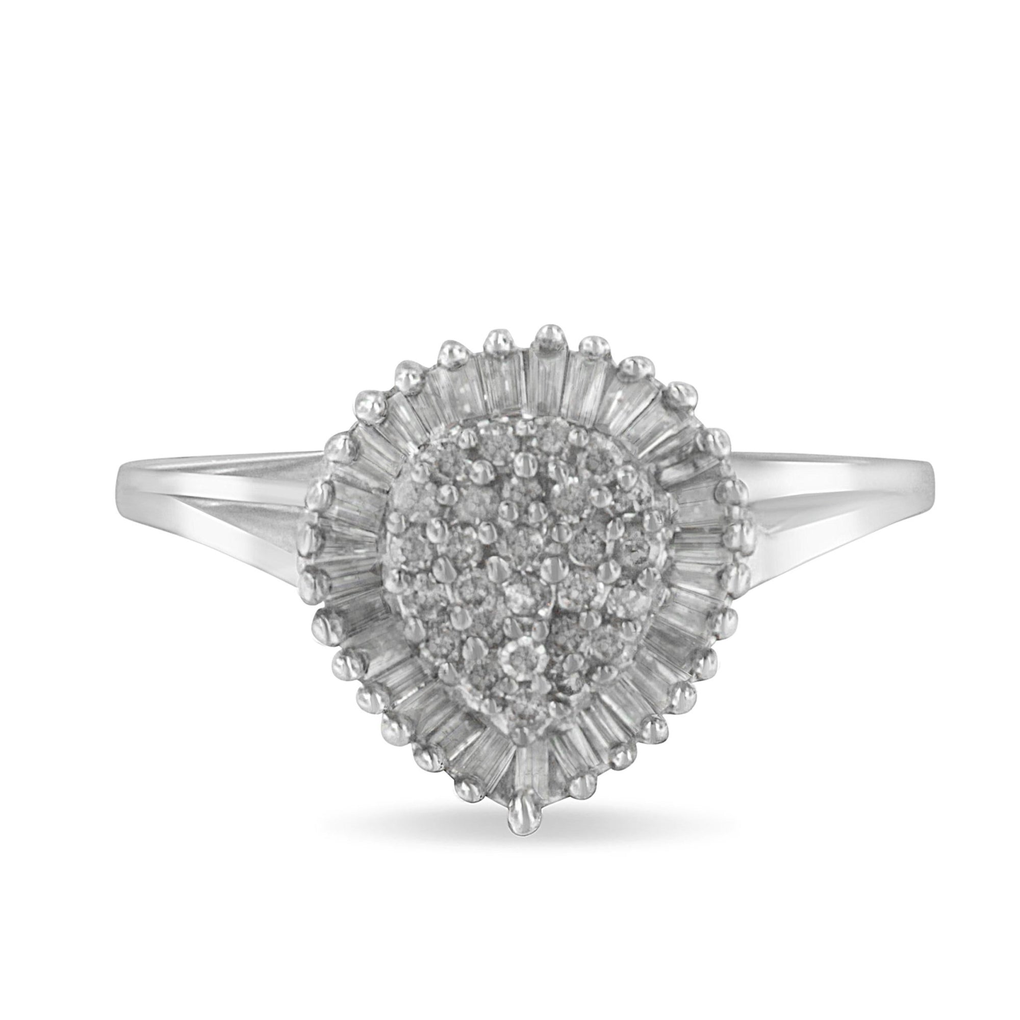 10K White Gold 1/2 Cttw Round & Baguette Cut Diamond Pear Shaped Domed Pavé Cluster with Halo Cocktail Ring (H-I Color, SI1-SI2 Clarity) - Size 5 - LinkagejewelrydesignLinkagejewelrydesign