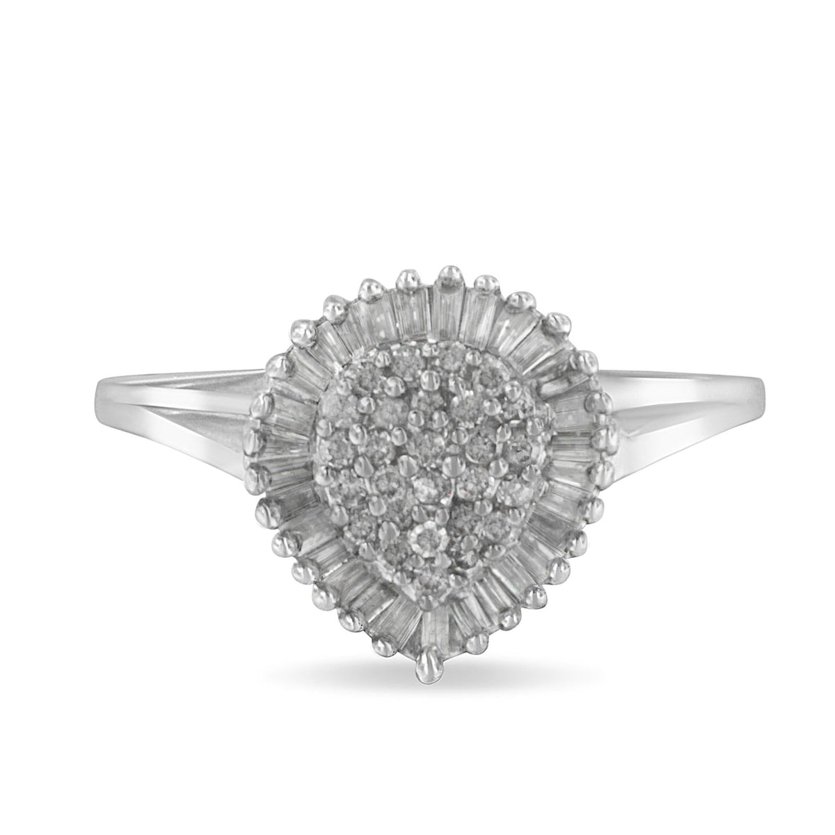 10K White Gold 1/2 Cttw Round &amp; Baguette Cut Diamond Pear Shaped Domed Pavé Cluster with Halo Cocktail Ring (H-I Color, SI1-SI2 Clarity) - Size 5 - LinkagejewelrydesignLinkagejewelrydesign