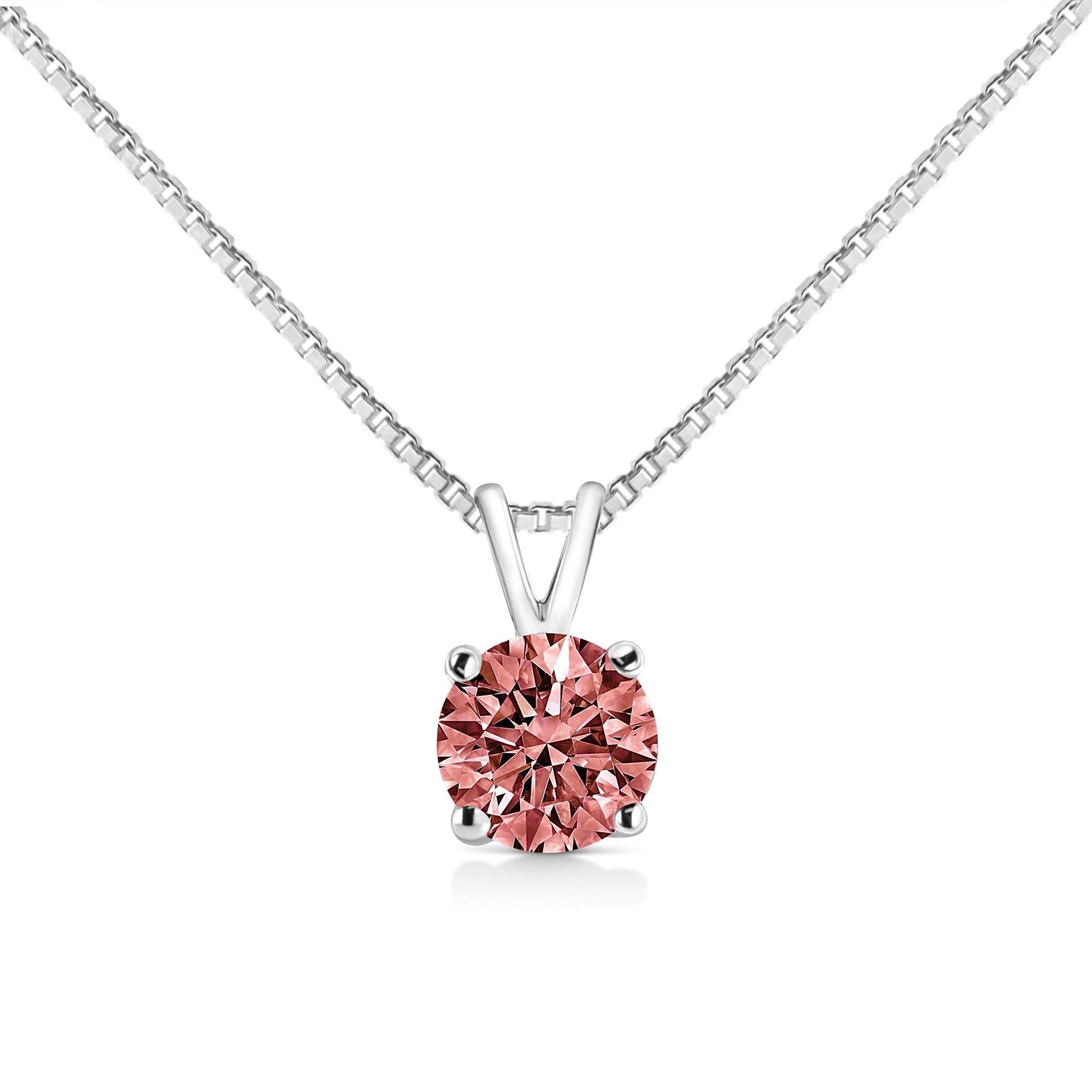 10K White Gold 1/2 Cttw Round Brilliant Cut Lab Grown Pink Diamond 4-Prong Solitaire Pendant Necklace (Pink Color, VVS2-VS1 Clarity) - 18" - LinkagejewelrydesignLinkagejewelrydesign