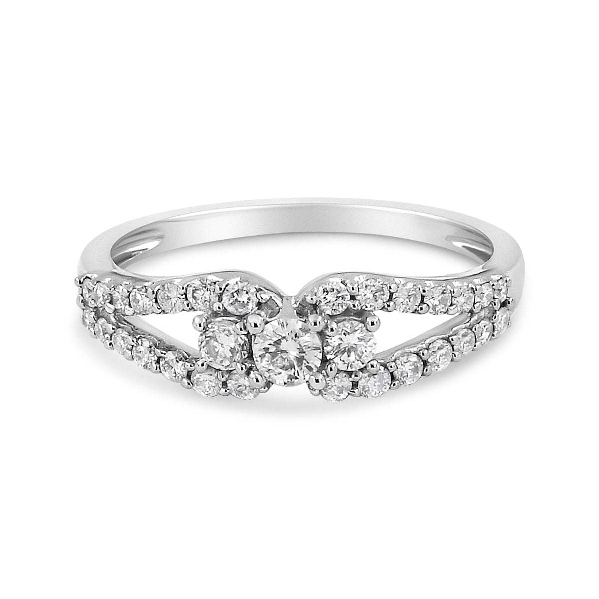 10K White Gold 1/2 Cttw Round Cut Diamond Three Stone Split Shank Band Ring (H-I Color, SI1-SI2 Clarity) - Size 6 - LinkagejewelrydesignLinkagejewelrydesign