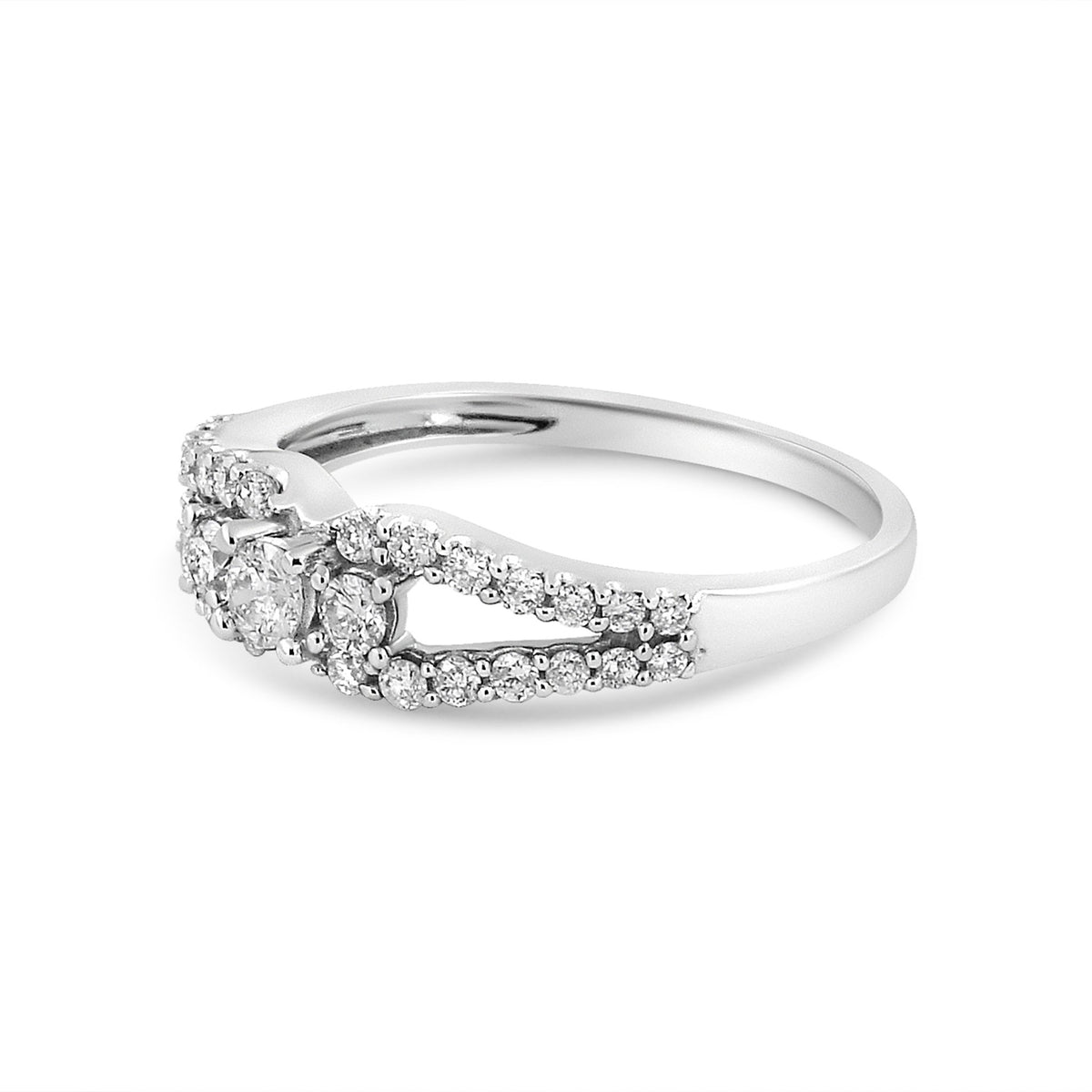 10K White Gold 1/2 Cttw Round Cut Diamond Three Stone Split Shank Band Ring (H-I Color, SI1-SI2 Clarity) - Size 6 - LinkagejewelrydesignLinkagejewelrydesign