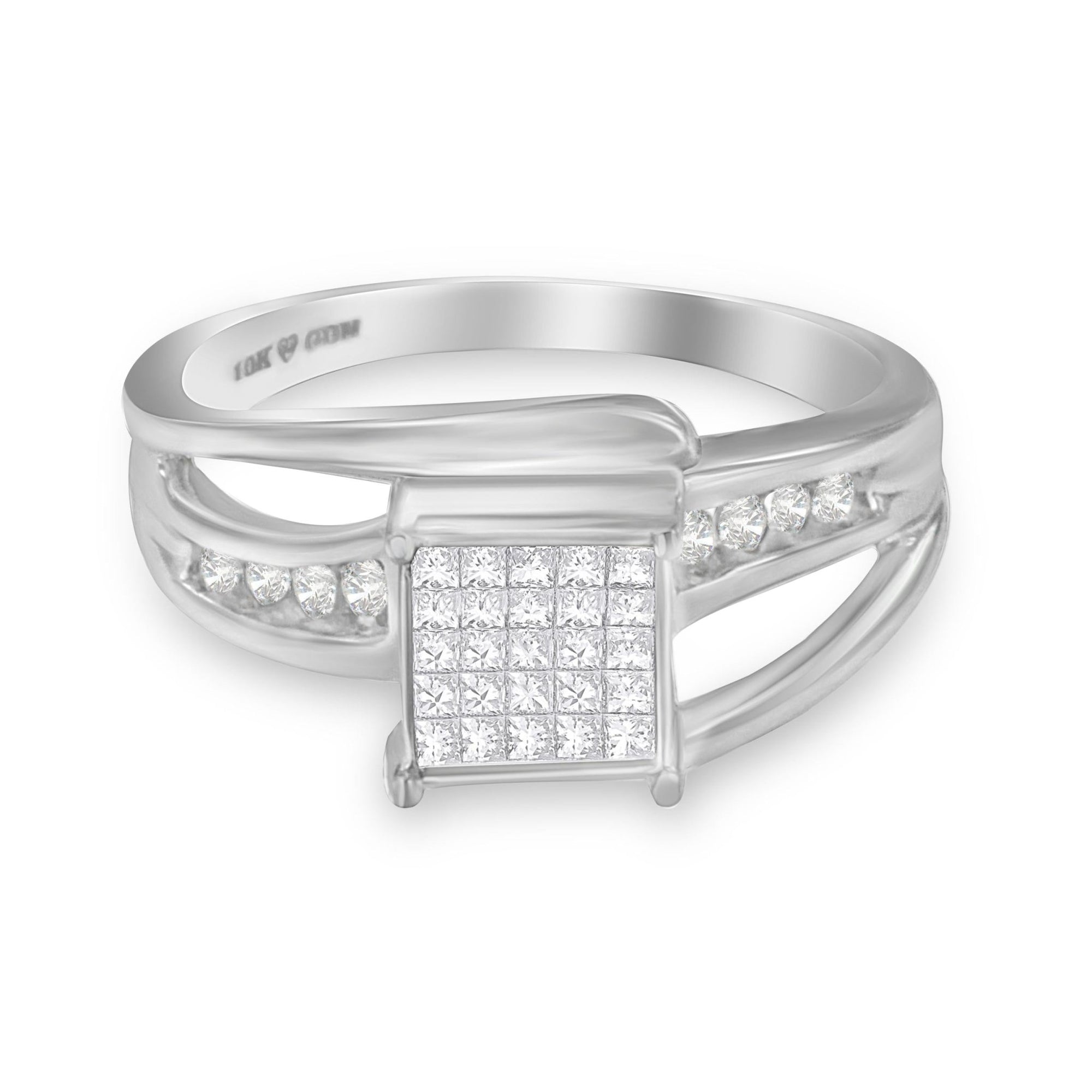 10K White Gold 1/3 Cttw Invisible Set Princess-cut Diamond Cluster Bypass Ring (H-I Color, SI1-SI2 Clarity) - Ring Size 7 - LinkagejewelrydesignLinkagejewelrydesign