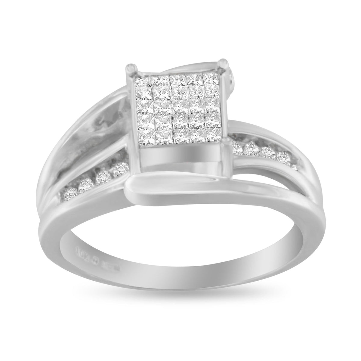 10K White Gold 1/3 Cttw Invisible Set Princess-cut Diamond Cluster Bypass Ring (H-I Color, SI1-SI2 Clarity) - Ring Size 7 - LinkagejewelrydesignLinkagejewelrydesign