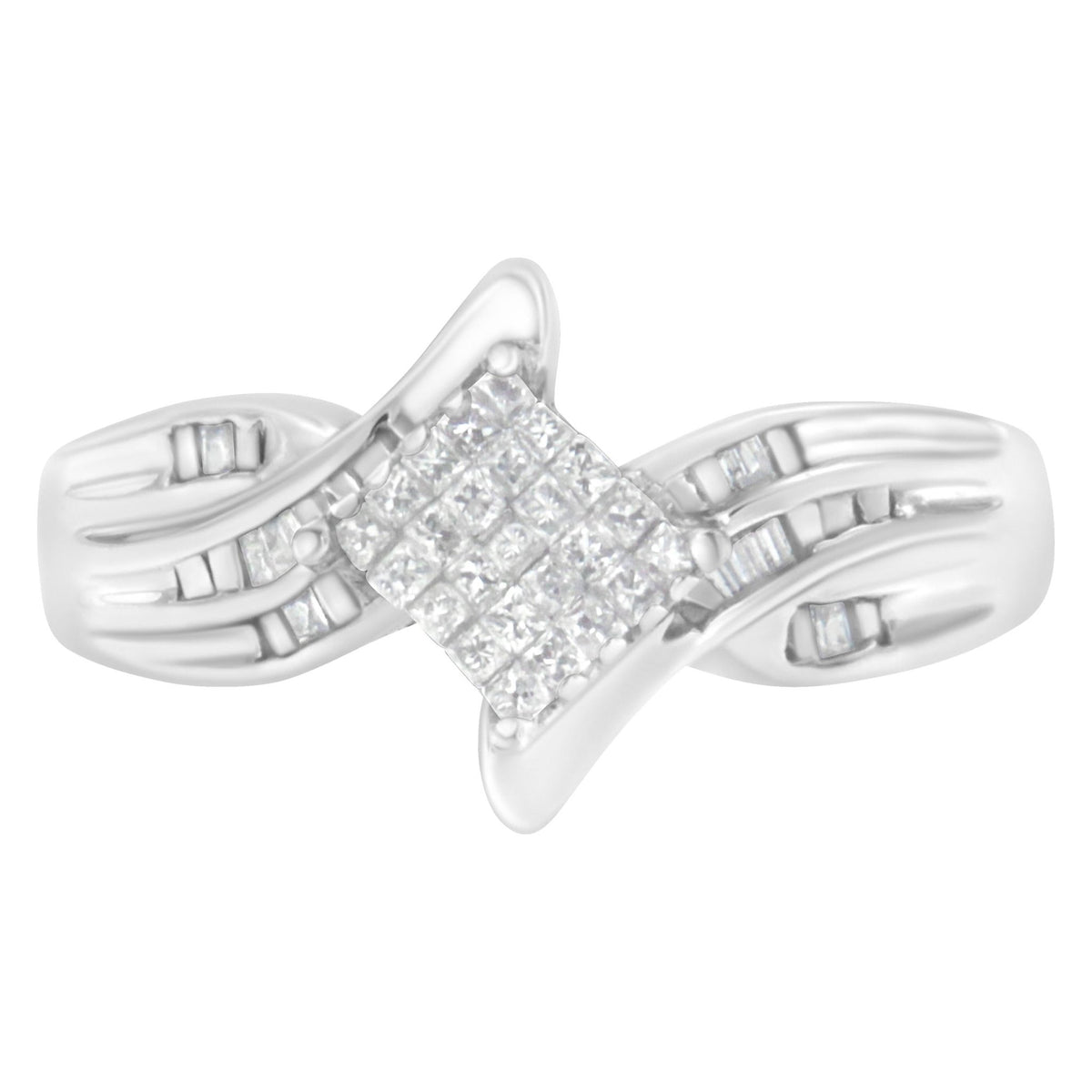 10K White Gold 1/3 Cttw Princess and Baguette Cut Diamond Bypass Style Cocktail Ring (I-J Color, I1-I2 Clarity) - Size 4 - LinkagejewelrydesignLinkagejewelrydesign