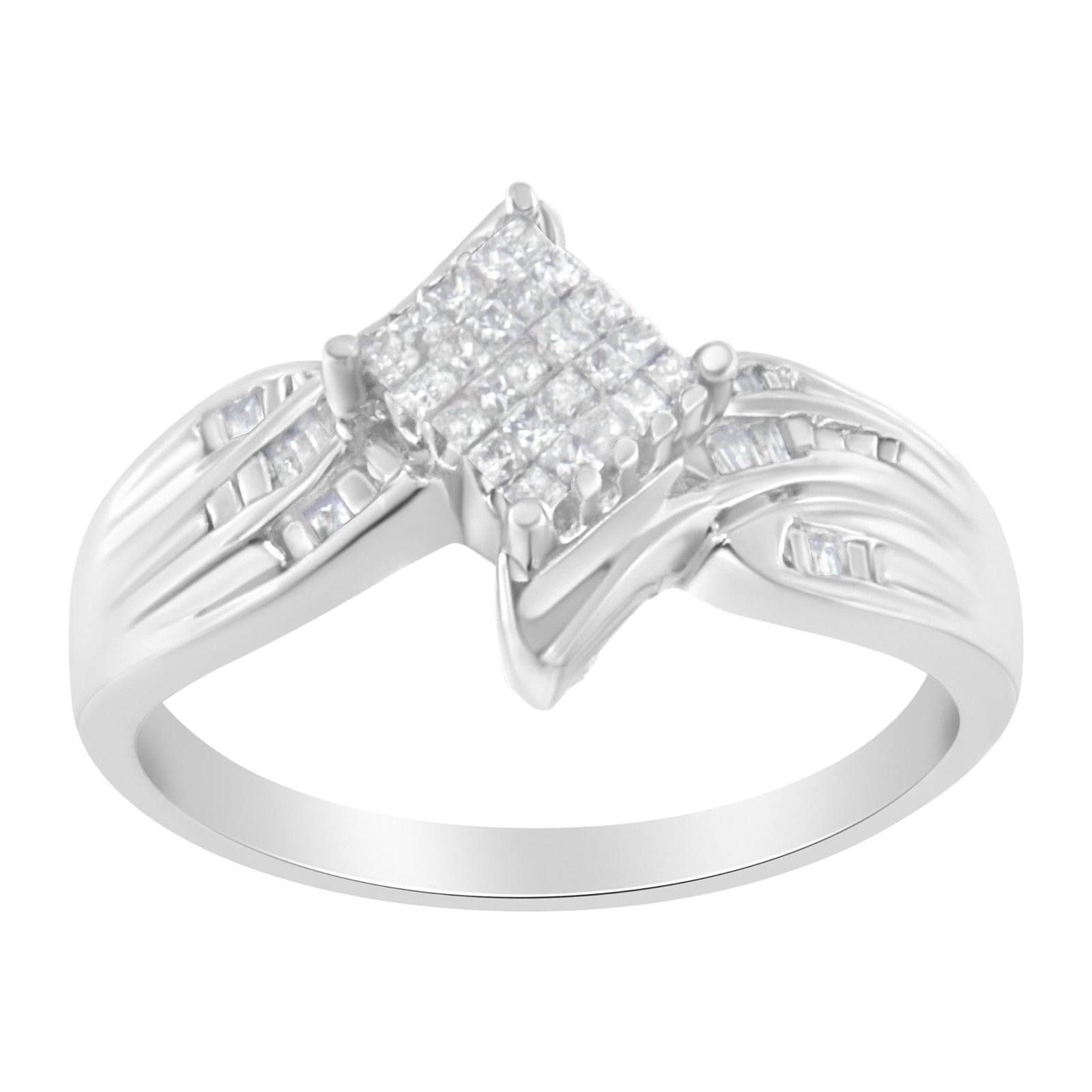 10K White Gold 1/3 Cttw Princess and Baguette Cut Diamond Bypass Style Cocktail Ring (I-J Color, I1-I2 Clarity) - Size 4 - LinkagejewelrydesignLinkagejewelrydesign