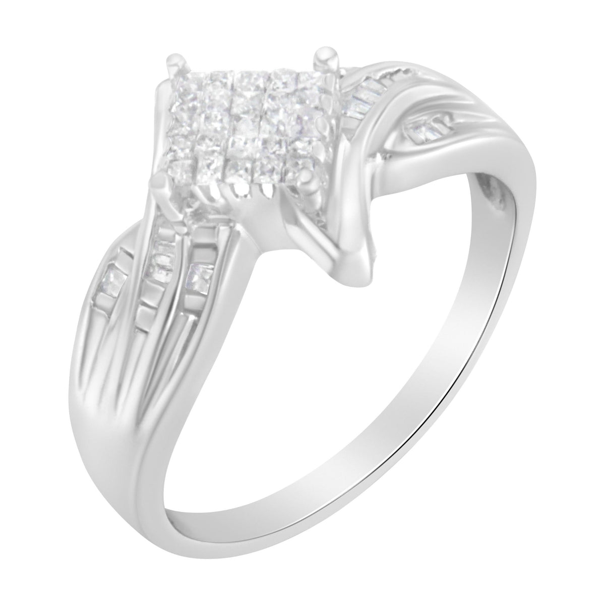 10K White Gold 1/3 Cttw Princess and Baguette Cut Diamond Bypass Style Cocktail Ring (I-J Color, I1-I2 Clarity) - Size 4 - LinkagejewelrydesignLinkagejewelrydesign