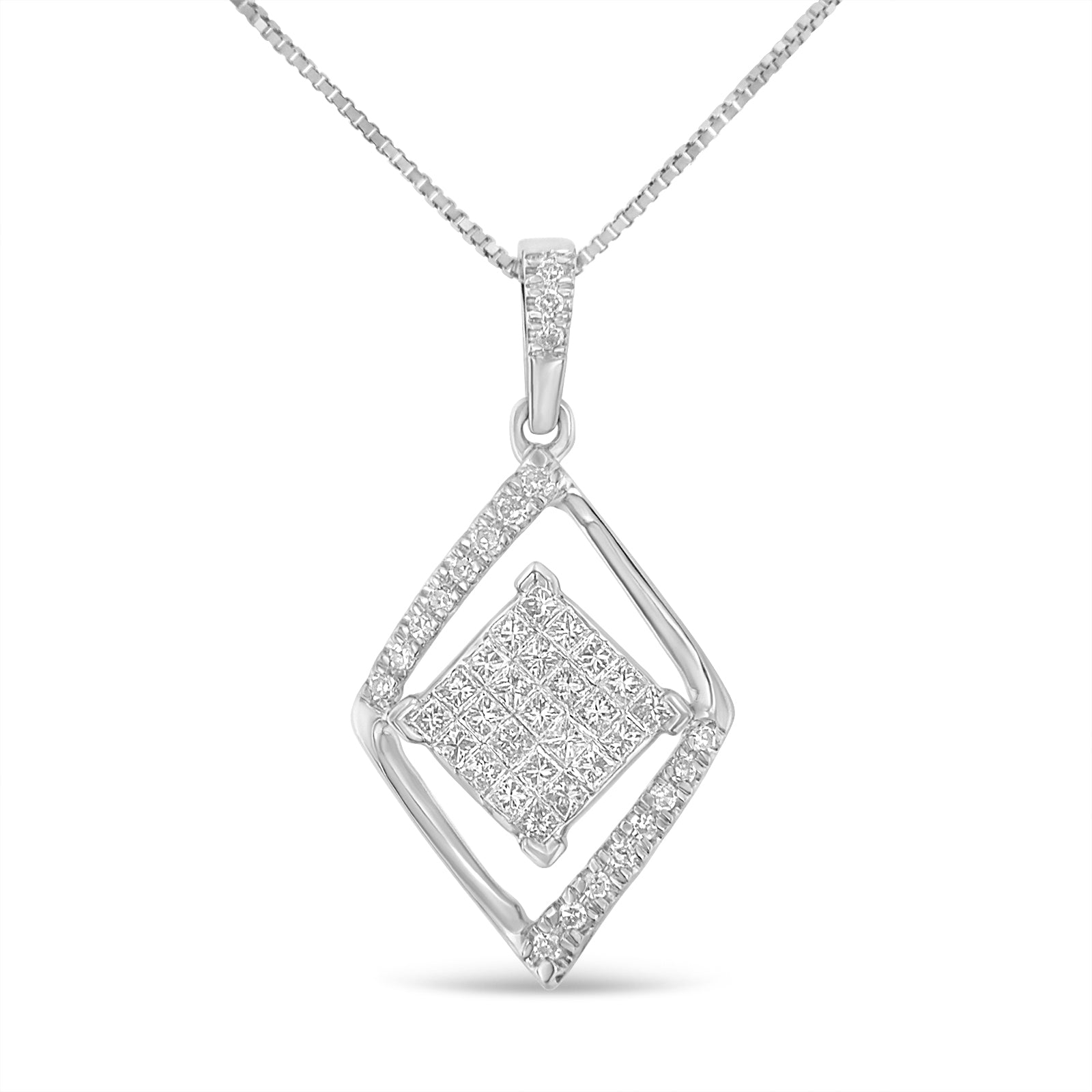 10k White Gold 1/3 Cttw Round and Princess-Cut Diamond Double Triangle 18" Pendant Necklace (H-I Color, SI1-SI2 Clarity) - LinkagejewelrydesignLinkagejewelrydesign