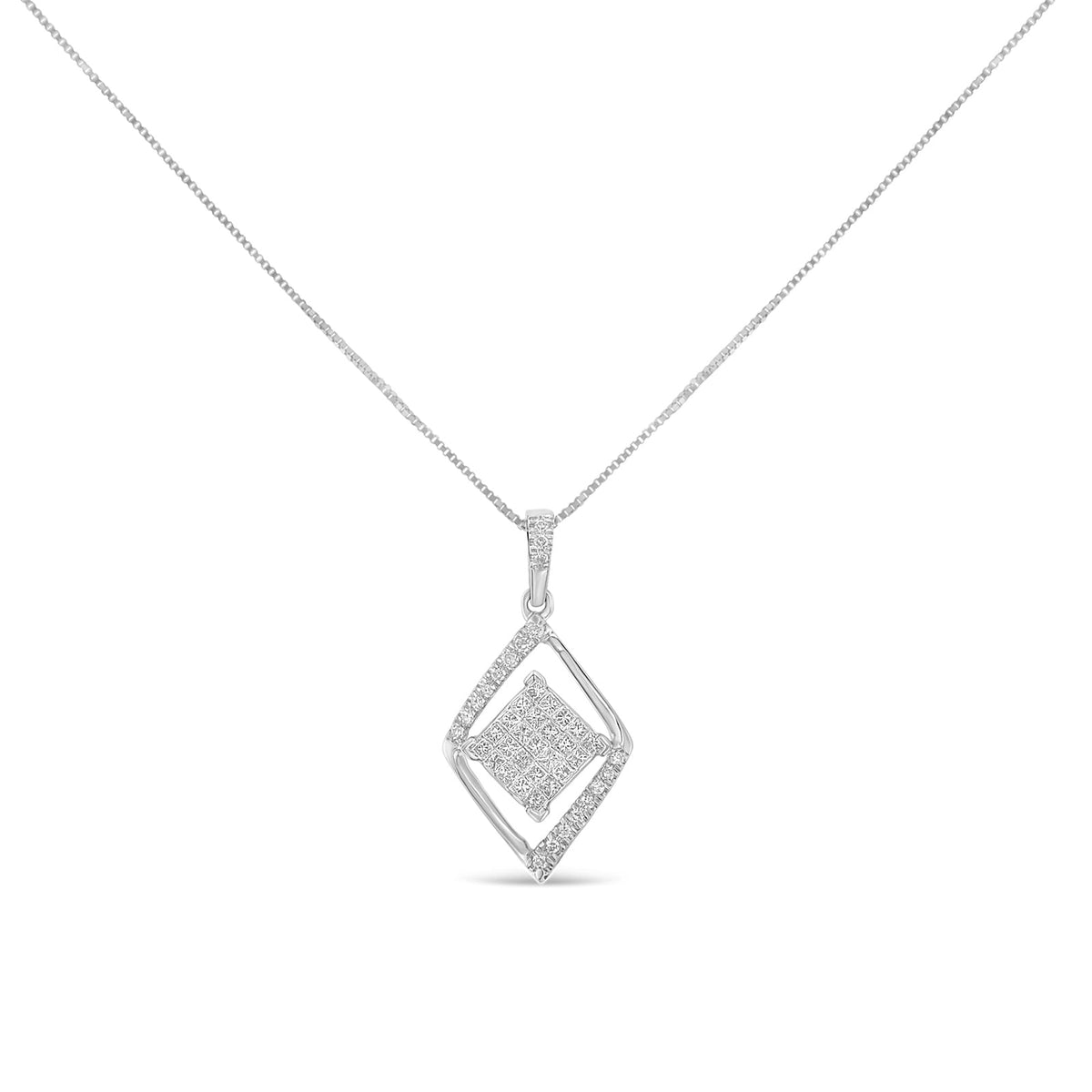 10k White Gold 1/3 Cttw Round and Princess-Cut Diamond Double Triangle 18&quot; Pendant Necklace (H-I Color, SI1-SI2 Clarity) - LinkagejewelrydesignLinkagejewelrydesign