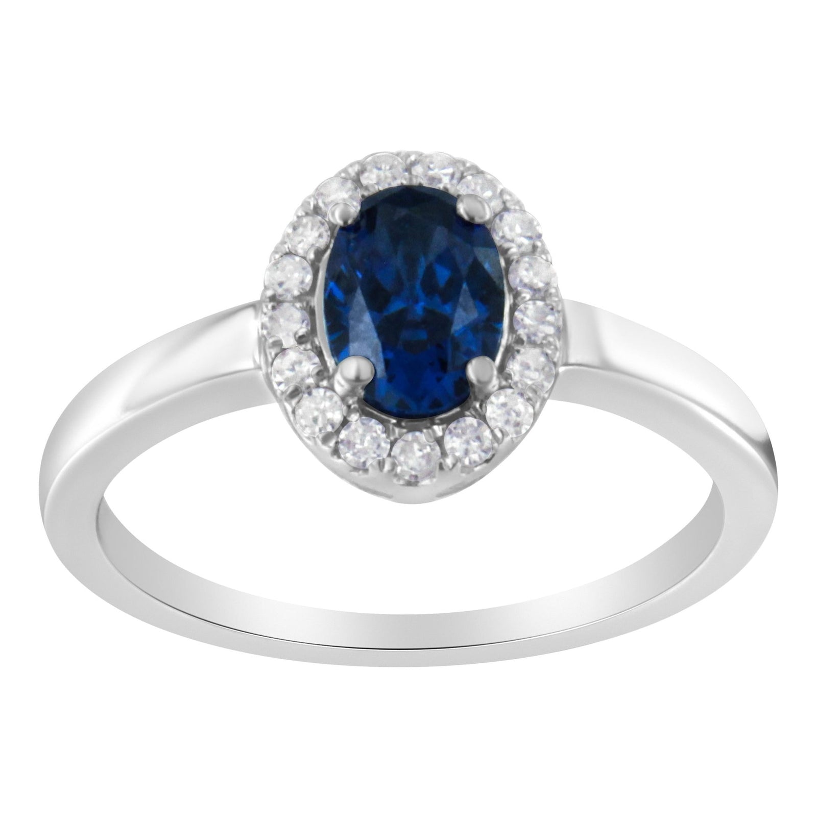 10K White Gold 1/5 Cttw Round Diamond and Prong Set 7MM Created Blue Sapphire Halo Cocktail Ring (H-I Color, I1-I2 Clarity) - Size 7 - LinkagejewelrydesignLinkagejewelrydesign