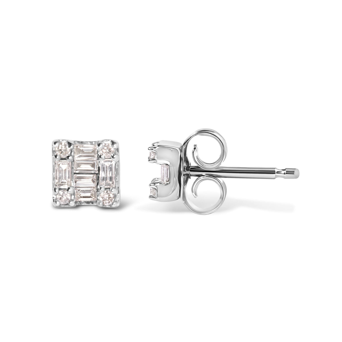 10K White Gold 1/7 Cttw Round and Baguette Diamond Mosaic Square Stud Earrings (H-I Color, I1-I2 Clarity) - LinkagejewelrydesignLinkagejewelrydesign