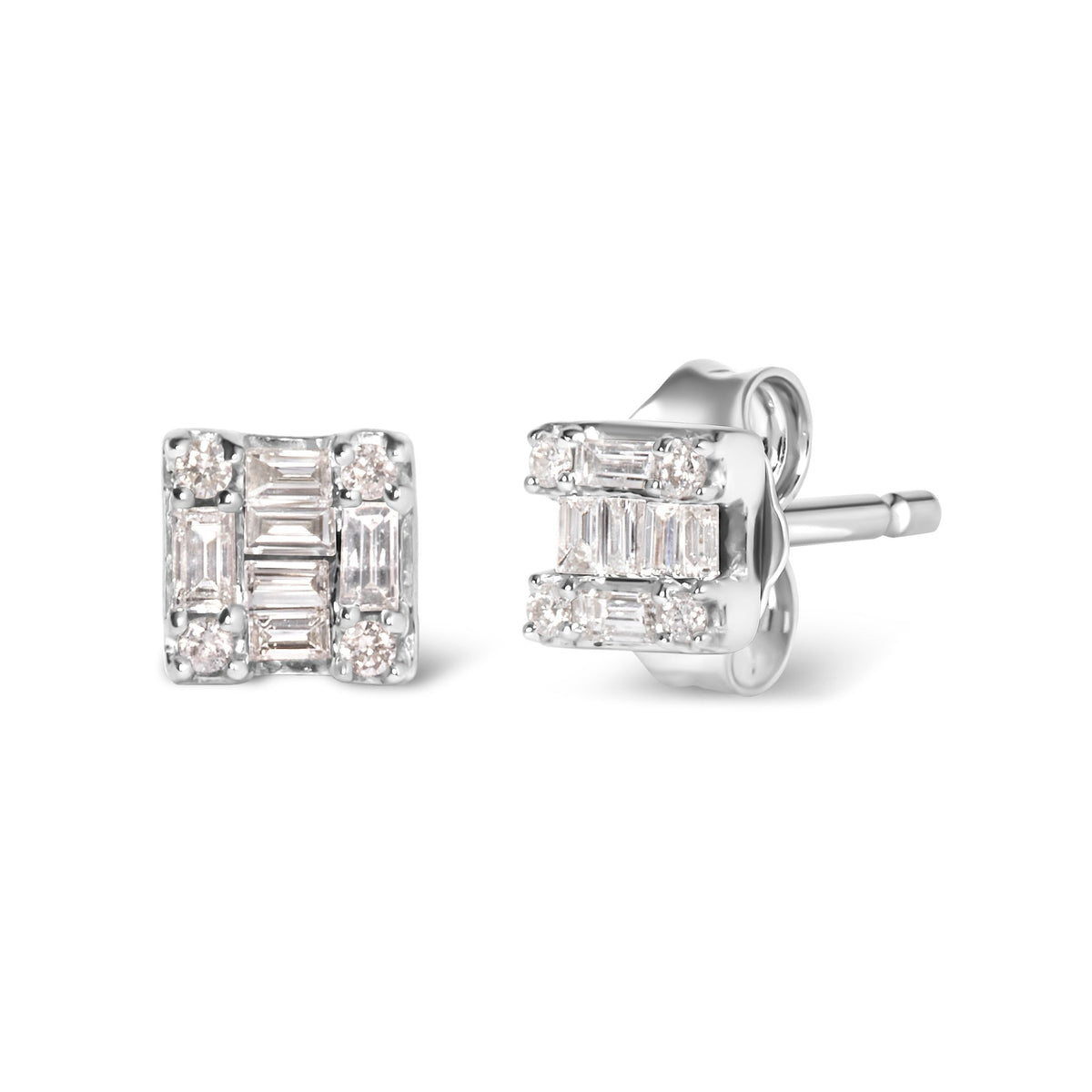 10K White Gold 1/7 Cttw Round and Baguette Diamond Mosaic Square Stud Earrings (H-I Color, I1-I2 Clarity) - LinkagejewelrydesignLinkagejewelrydesign