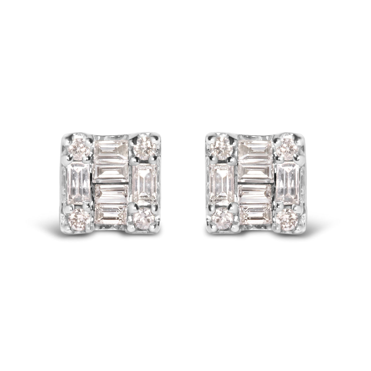 10K White Gold 1/7 Cttw Round and Baguette Diamond Mosaic Square Stud Earrings (H-I Color, I1-I2 Clarity) - LinkagejewelrydesignLinkagejewelrydesign