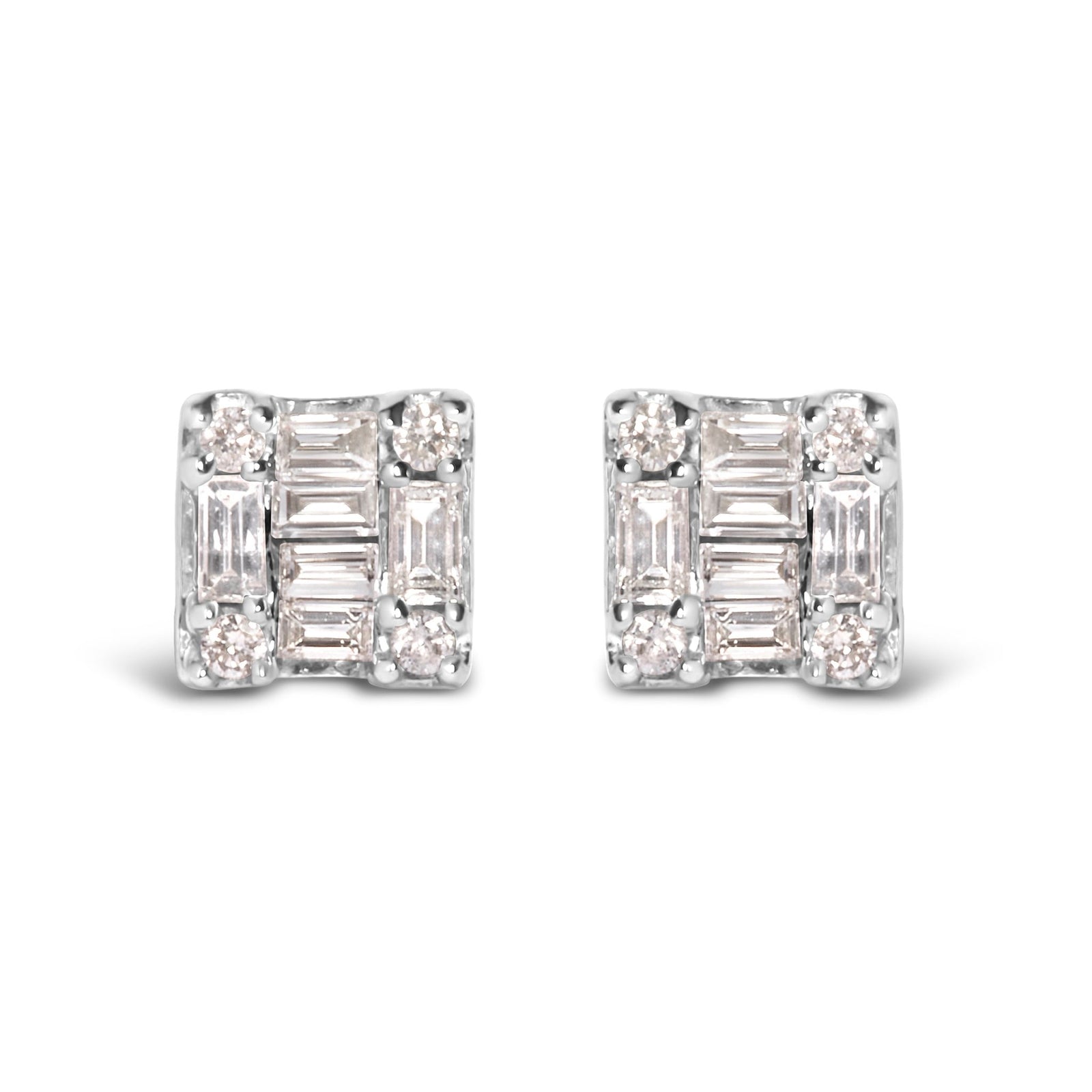 10K White Gold 1/7 Cttw Round and Baguette Diamond Mosaic Square Stud Earrings (H-I Color, I1-I2 Clarity) - LinkagejewelrydesignLinkagejewelrydesign