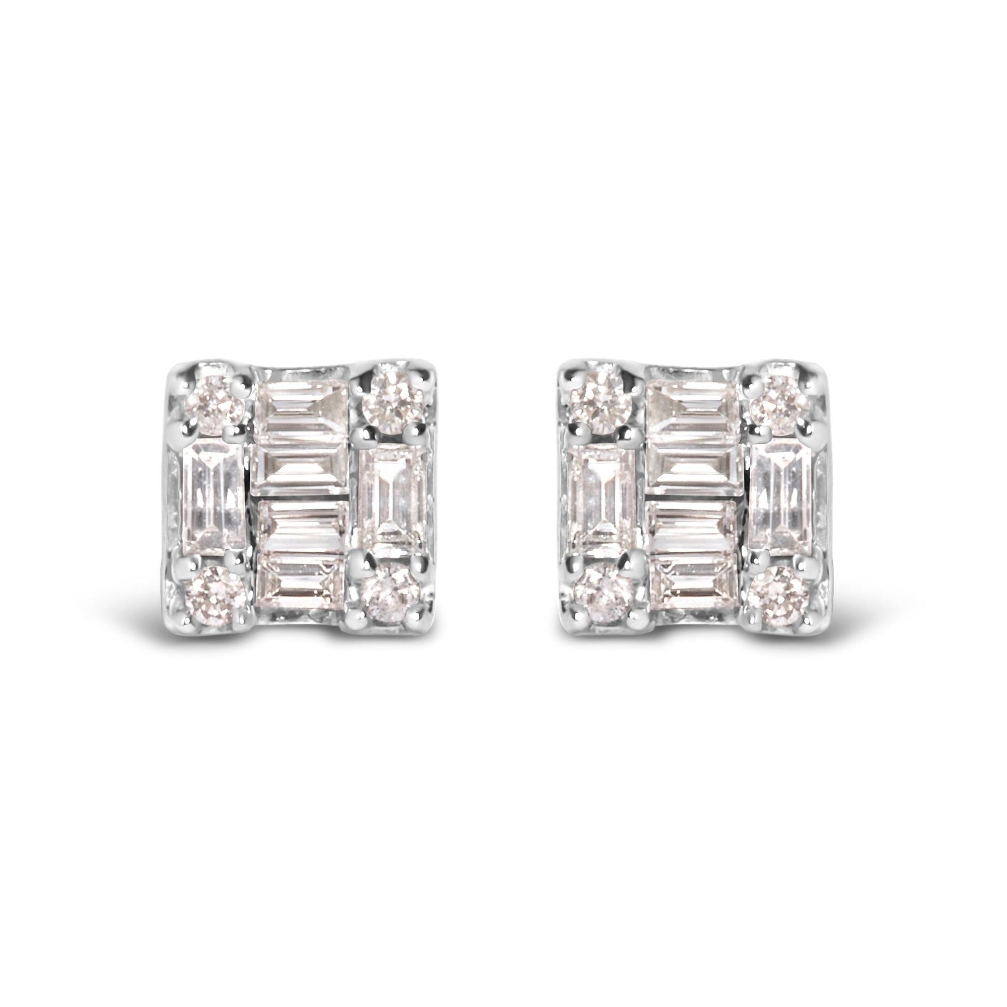 10K White Gold 1/7 Cttw Round and Baguette Diamond Mosaic Square Stud Earrings (H-I Color, I1-I2 Clarity) - LinkagejewelrydesignLinkagejewelrydesign